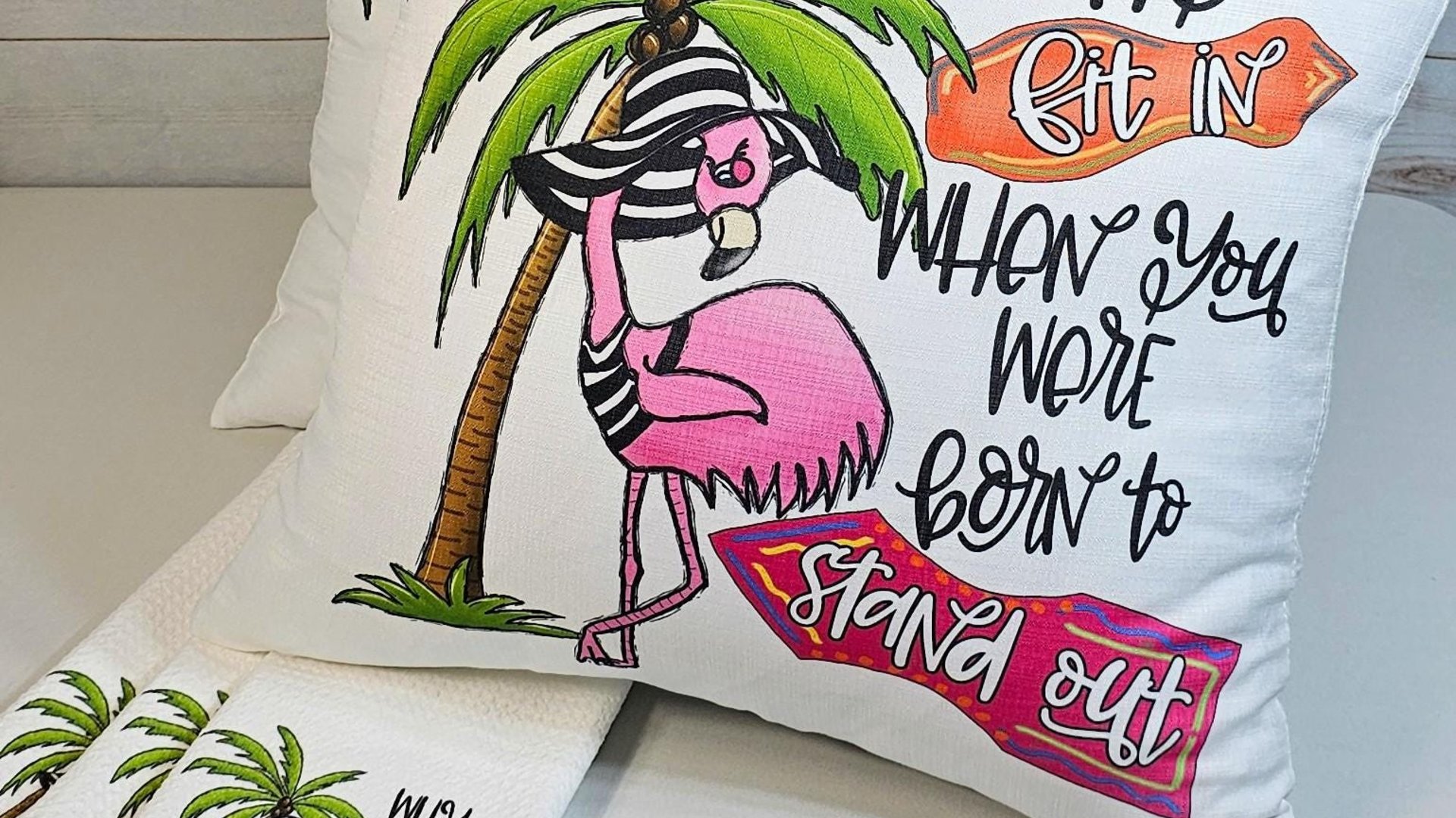 why fit in born to stand out inspirational throw pillow for couch, cute flamingo kitchen towels for gifts, flamingo gifts for her, coastal