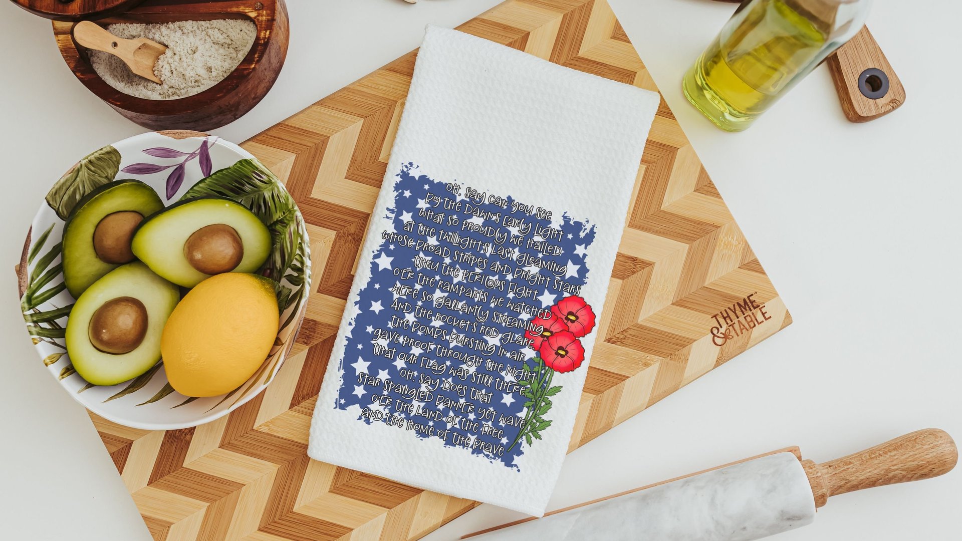 star spangled banner print patriotic kitchen towel for summer, 4th of July hand towels for women, Americana kitchen decor, red poppy floral