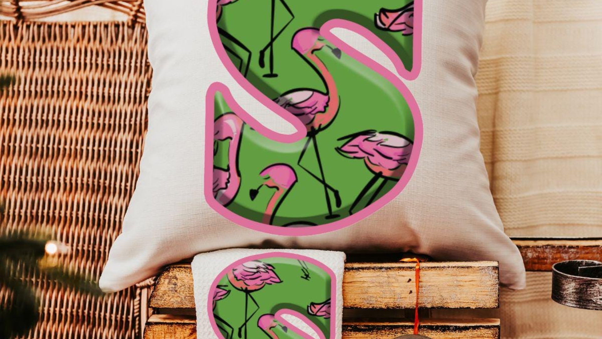custom pink flamingo initial throw pillow for couch, personalized flamingo kitchen towels cute flamingo gifts for her, beach house gift set