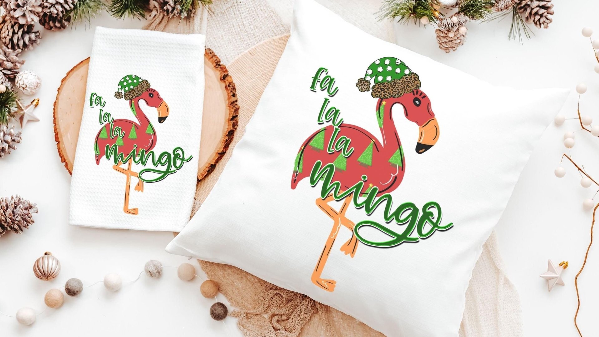 fa la la mingo funny Christmas kitchen towels for women, flamingo Christmas throw pillows for couch, cute Christmas gift set for best friend