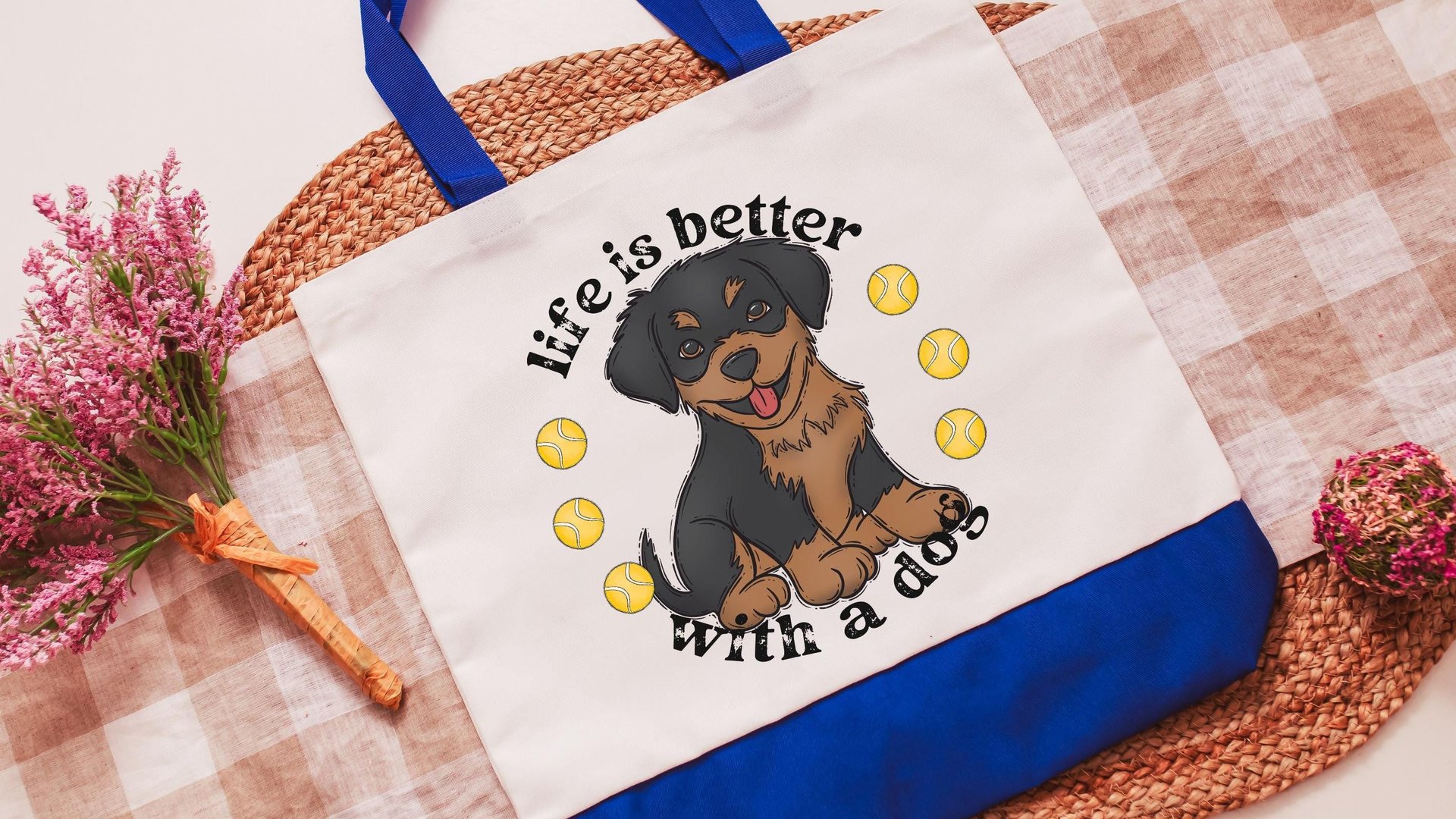 life is better with dogs rottweiler tote bag for women, rottie mama rottweiler gifts, reusable shopping bag, dog lover gift for her, cute