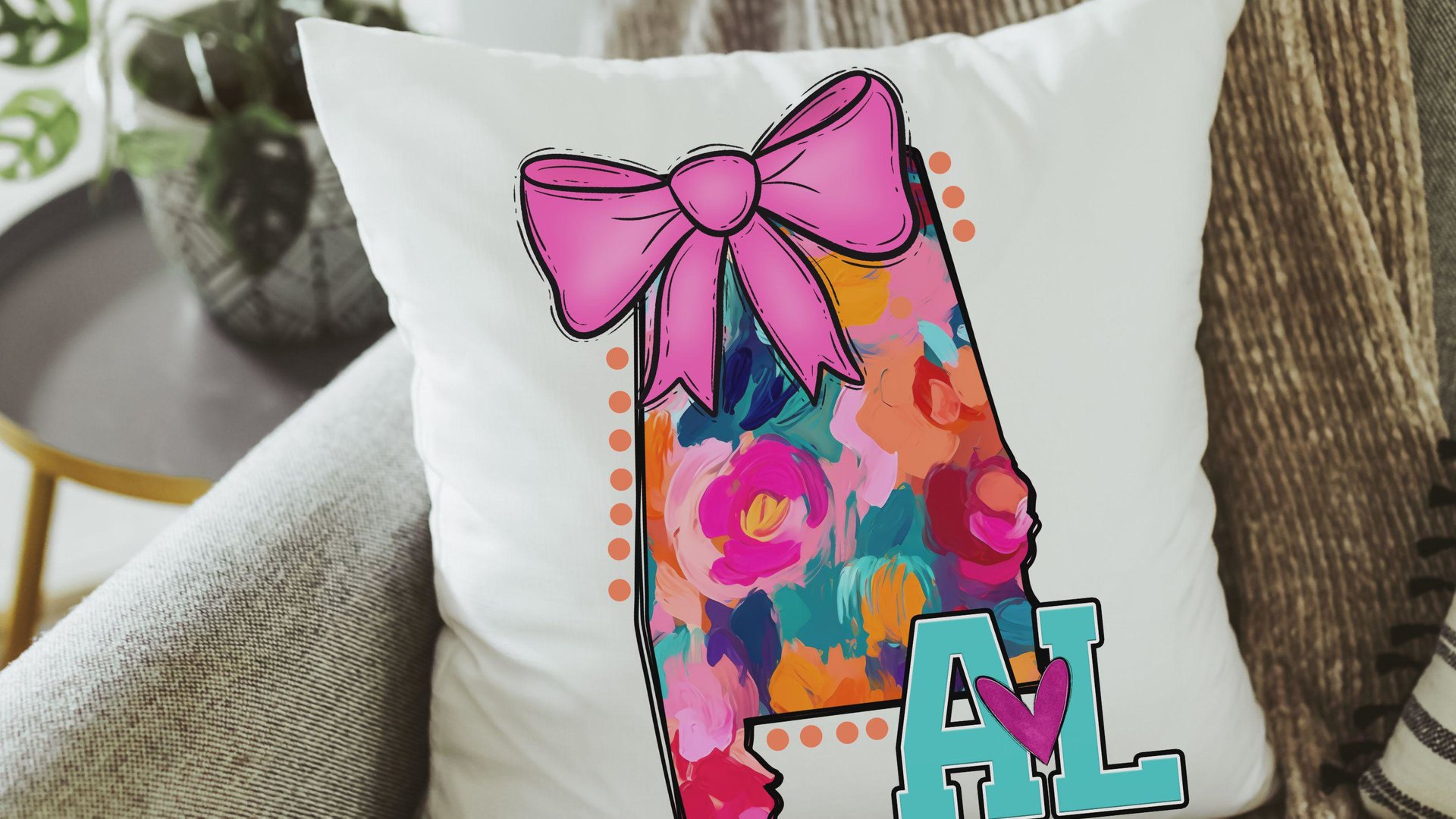 watercolor Texas throw pillow for bed cute Texas coquette kitchen towels for gift, floral Texas gifts for her, pink bow pillow cover 18 x 18