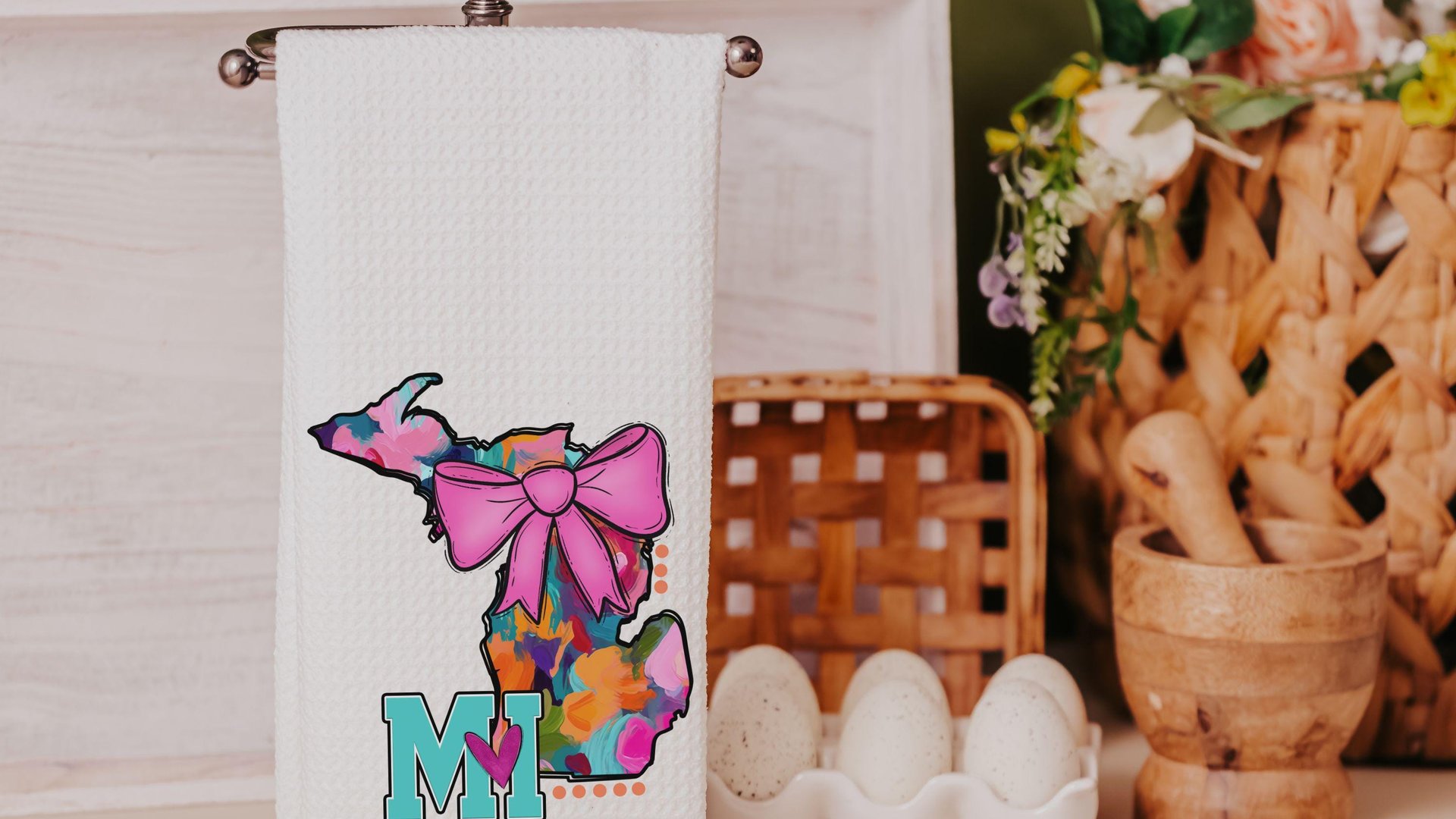 watercolor Michigan throw pillow for bed, pink bow coquette kitchen towels for gifts, college care package for girls, cute Michigan gift set