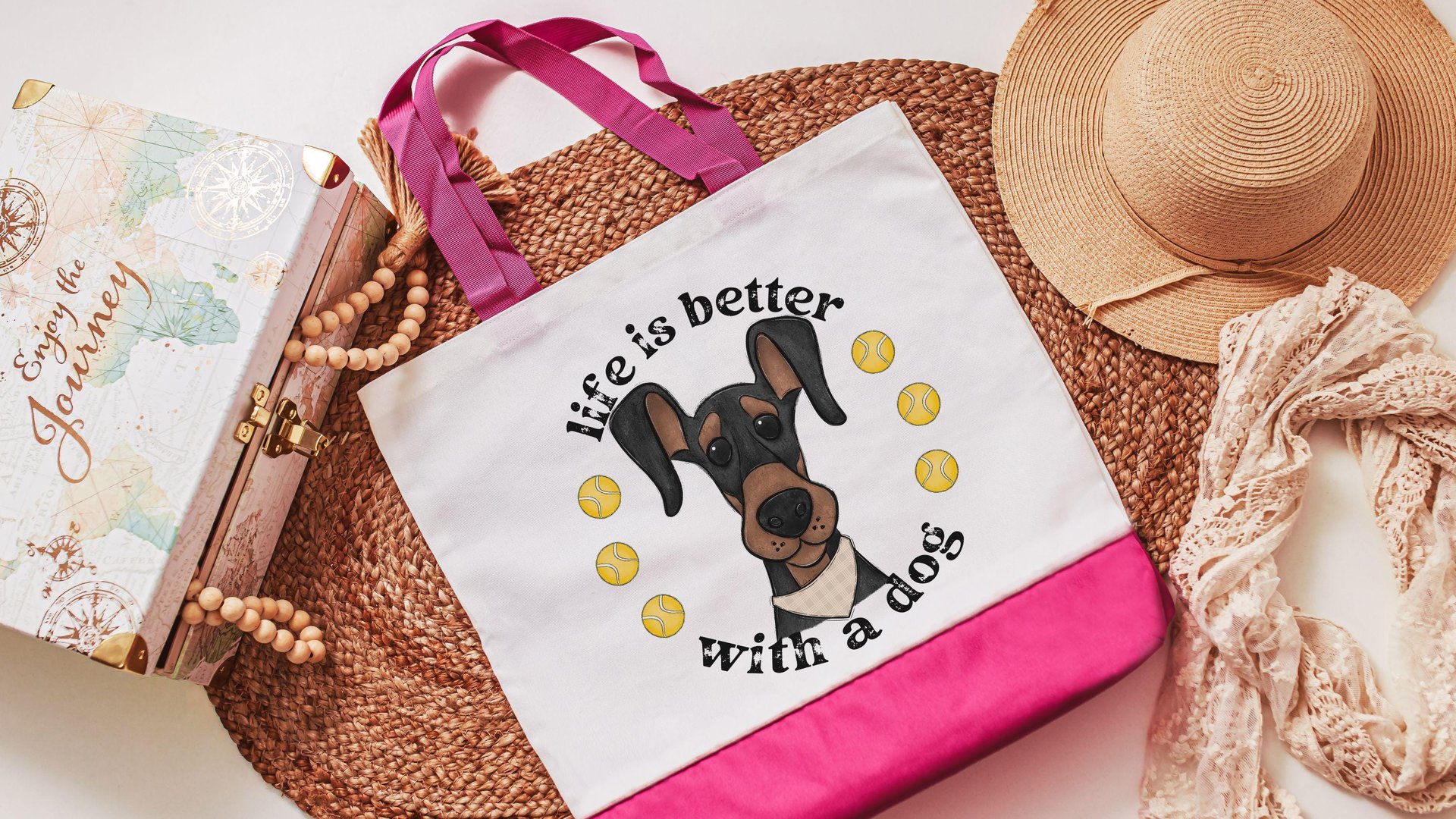 life is better with dogs Doberman pinscher dog lover tote bag for women, dobie mom Doberman gifts, reusable shopping bag, cute dog gifts for