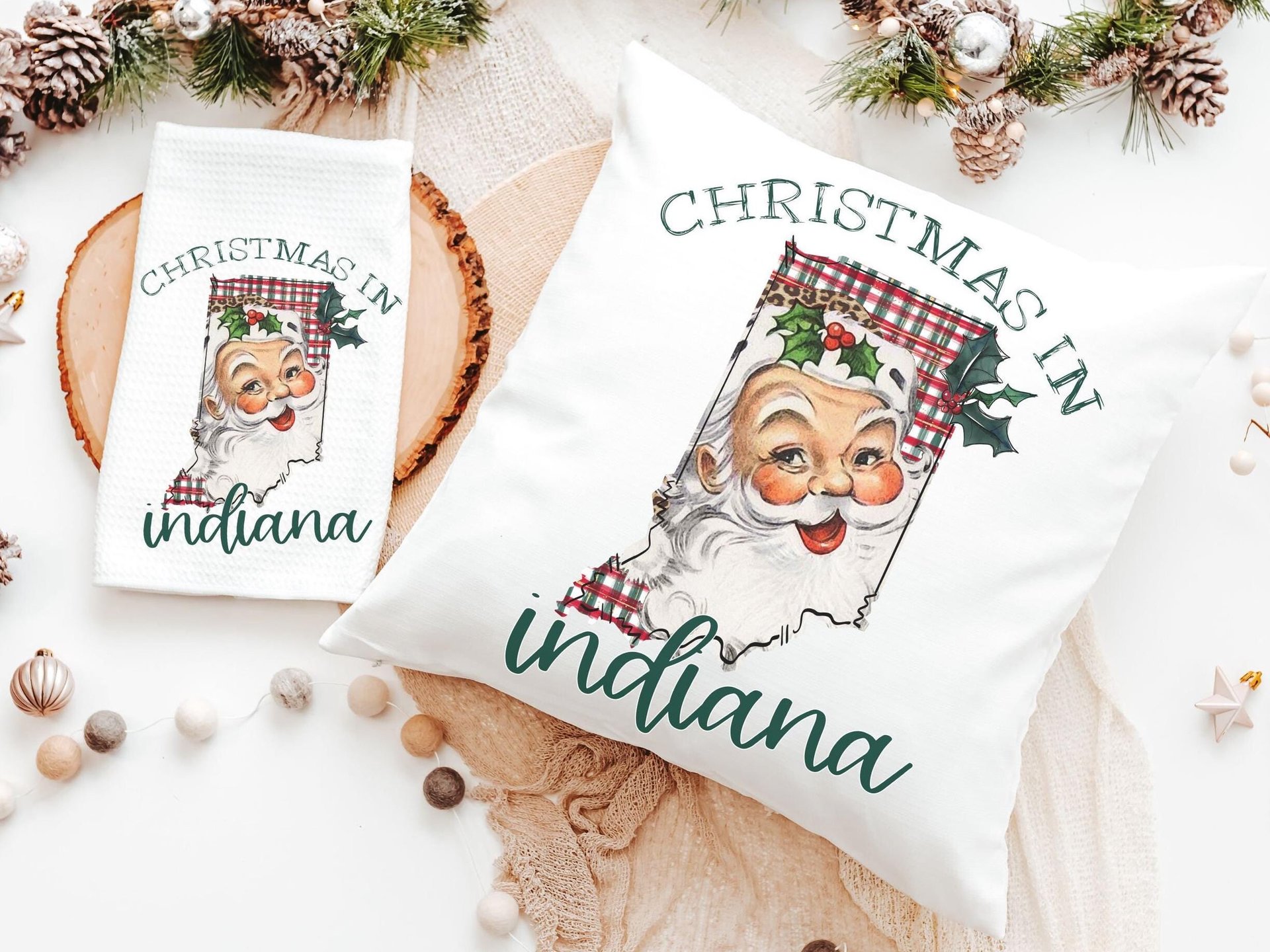 Santa throw pillows for couch, Indiana decor, holiday hosting decor home decor gift, Indiana Christmas gifts for neighbors, Santa Claus hand