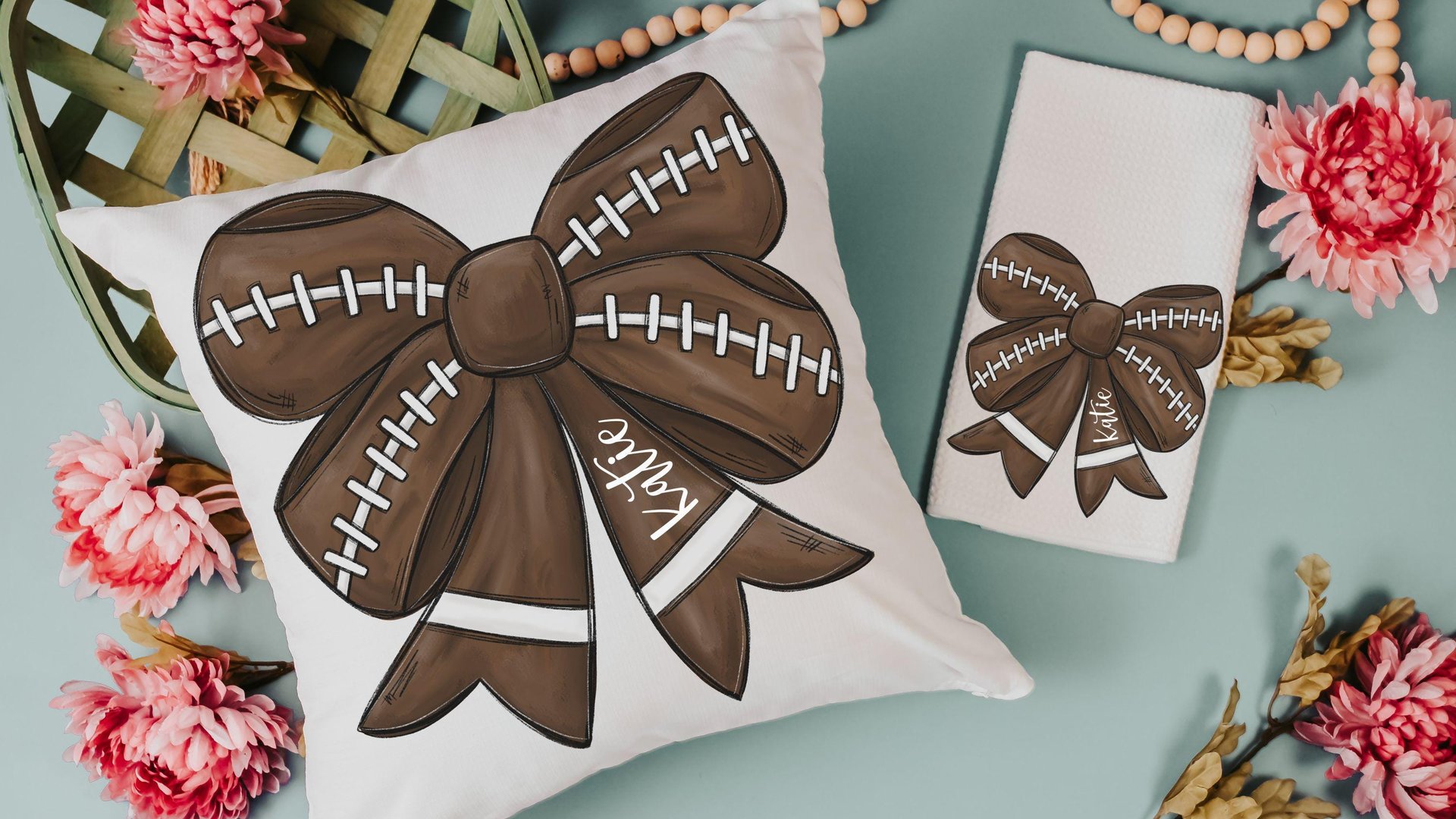 personalized football coquette bow football kitchen towels, fall kitchen decor, football mom gifts, cute football rally towel, hand towels