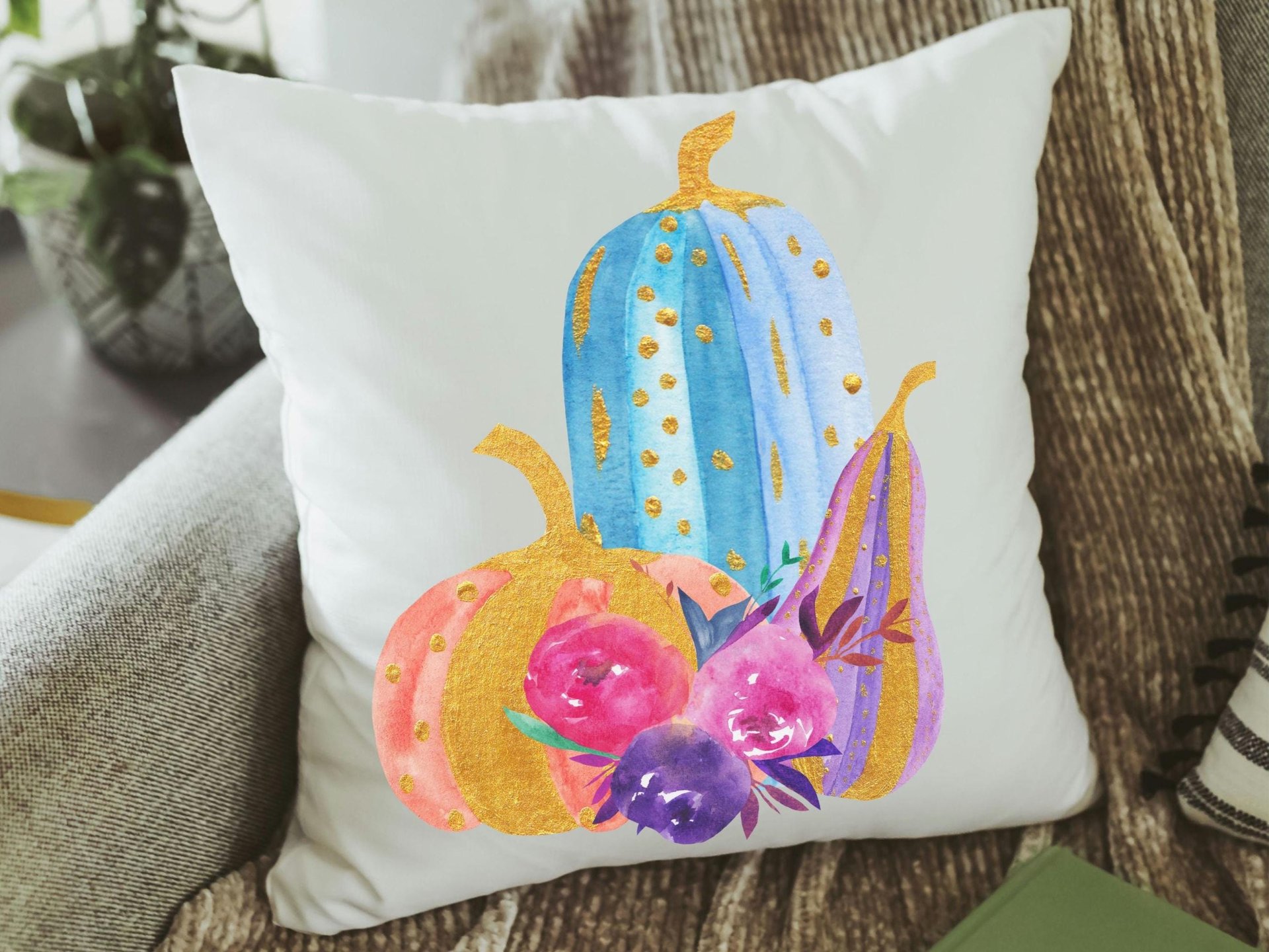 watercolor pumpkin throw pillow for couch, boo basket stuffers for adults, cute Halloween gifts for women, pastel Halloween decor for home