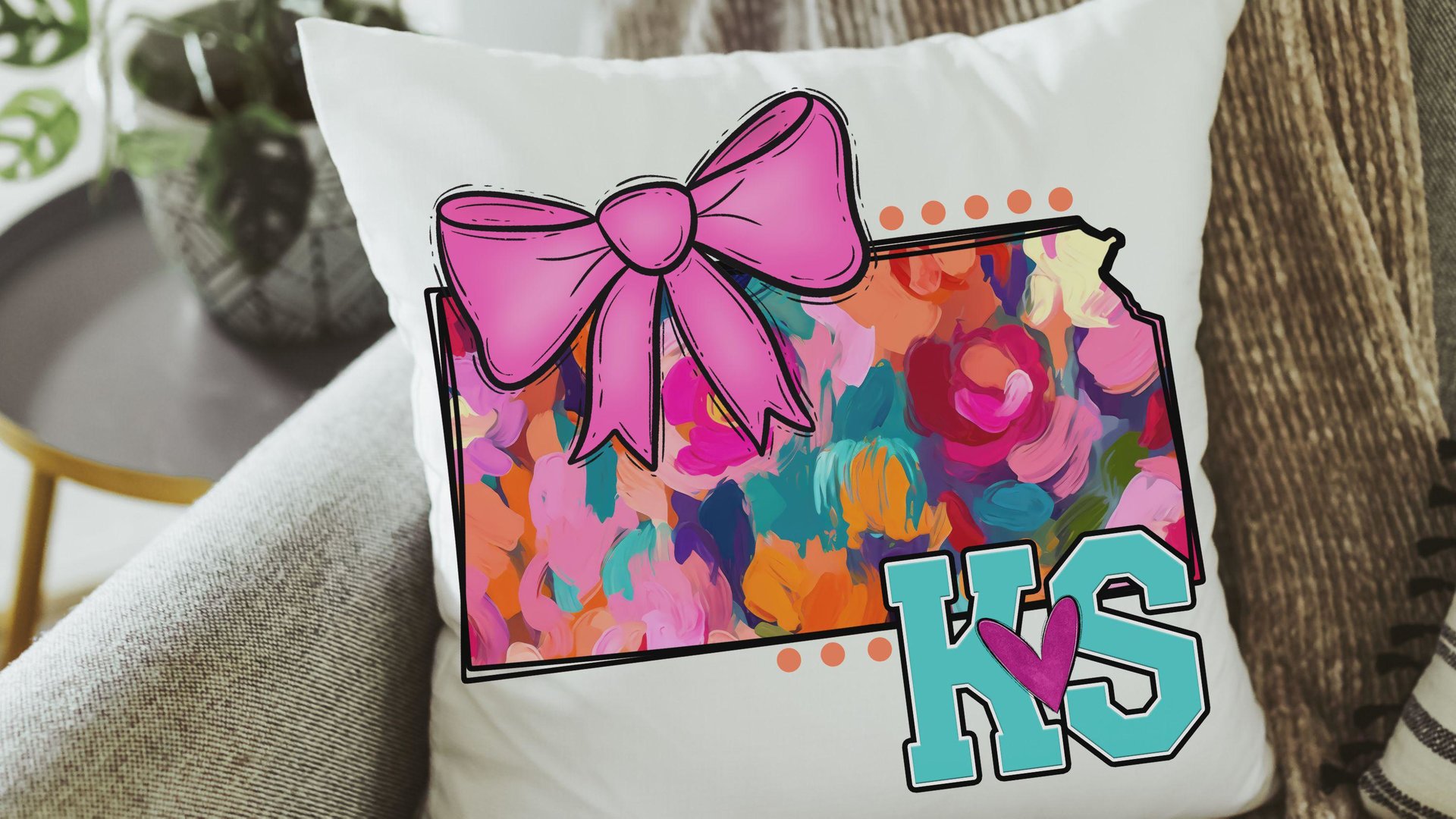 watercolor Texas throw pillow for bed cute Texas coquette kitchen towels for gift, floral Texas gifts for her, pink bow pillow cover 18 x 18