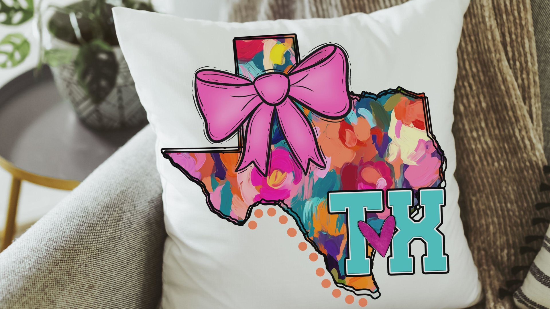 watercolor Texas throw pillow for bed cute Texas coquette kitchen towels for gift, floral Texas gifts for her, pink bow pillow cover 18 x 18