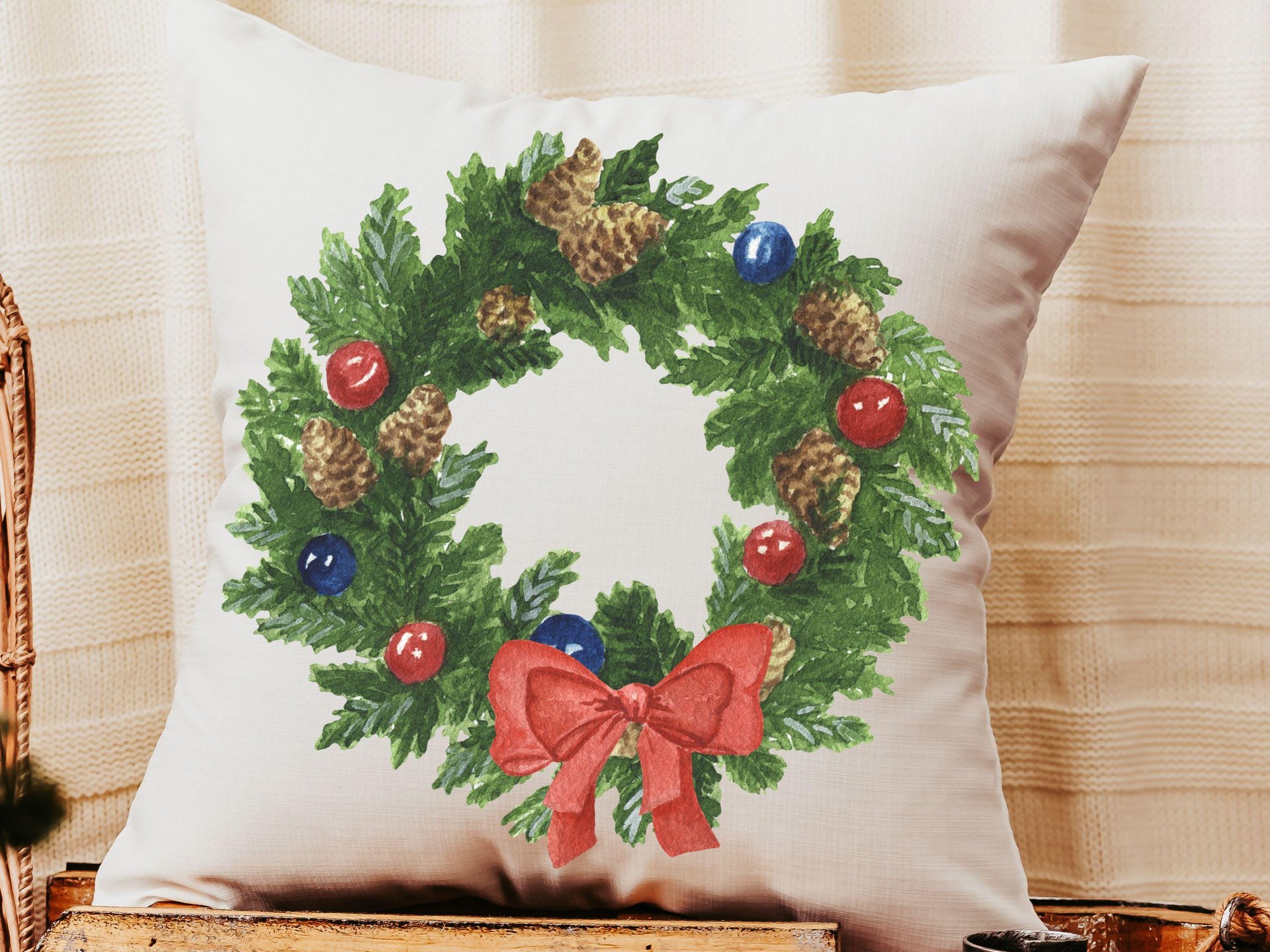 watercolor wreath Christmas ornament 2026, cozy Christmas decor for home, Christmas gifts for new homeowners, Christmas throw pillows for
