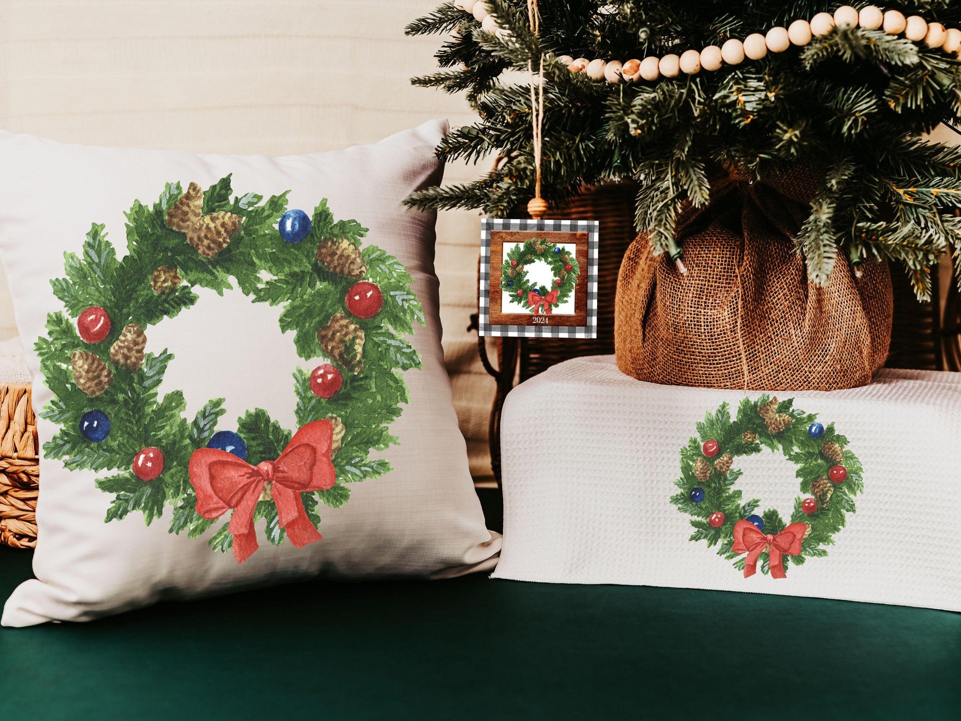 watercolor wreath Christmas ornament 2026, cozy Christmas decor for home, Christmas gifts for new homeowners, Christmas throw pillows for