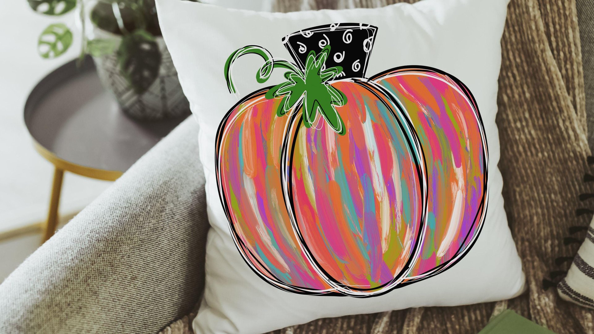 watercolor pumpkin throw pillow for bed trendy fall decor for home, autumn pillow covers 18x18, Thanksgiving hostess gifts for women, cute