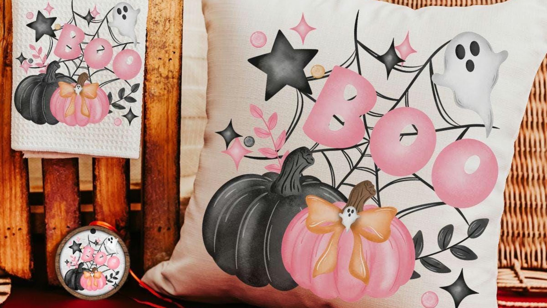 coquette Halloween decor set, boo Halloween gift set for her, cute Halloween gifts for women, pink pumpkin throw pillow for couch, whimsical