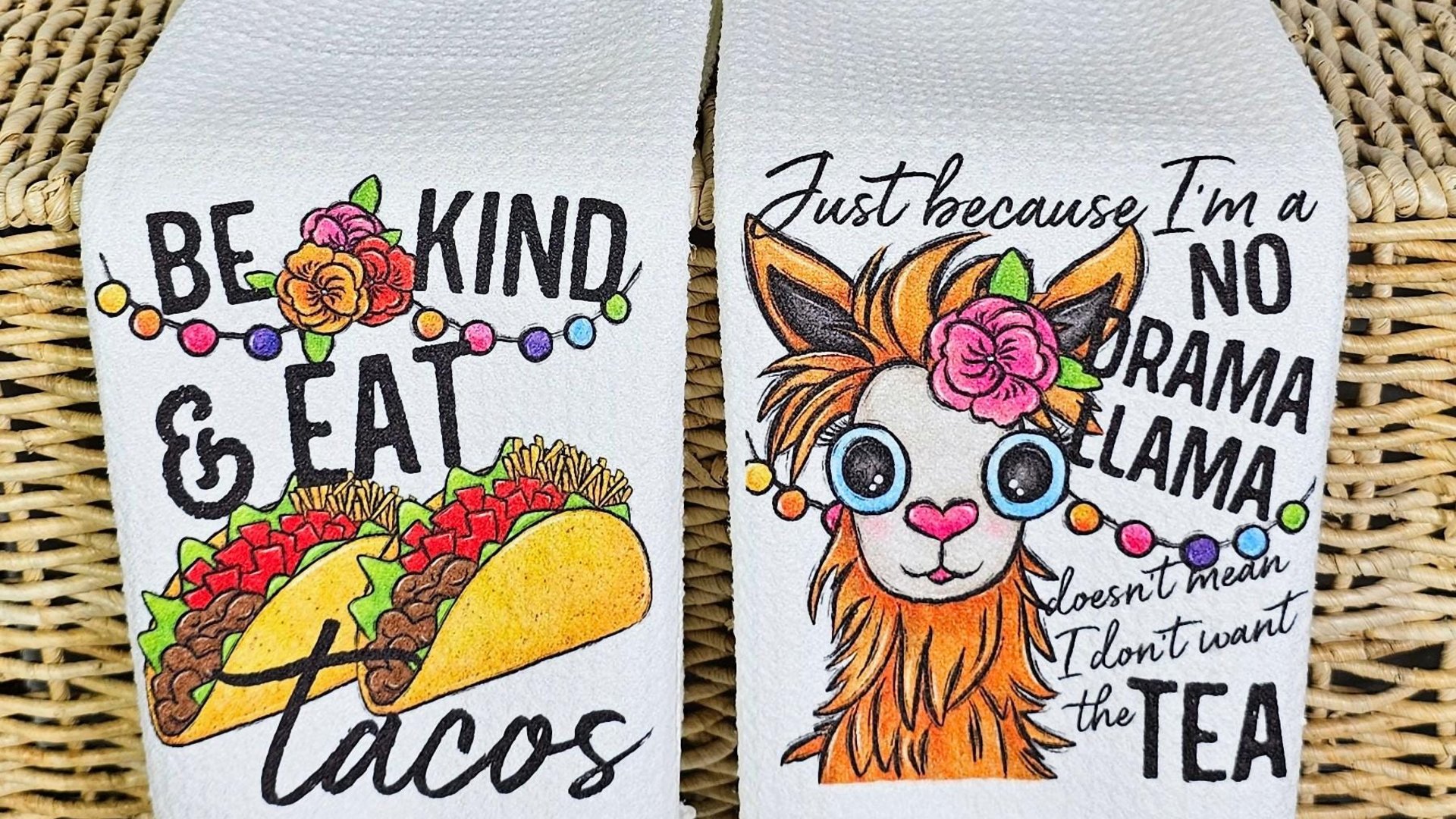 sassy kitchen towels for family, chips and salsa fiesta decor, taco gifts, funny hand towels for kitchen, no drama llama gifts for women