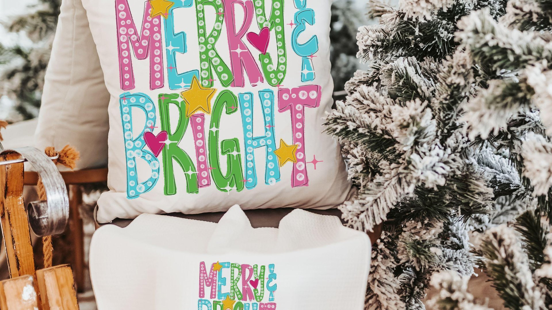 merry and bright Christmas throw pillows for couch, pink Christmas decor, colorful Christmas kitchen towels for gifts, cute Christmas gifts