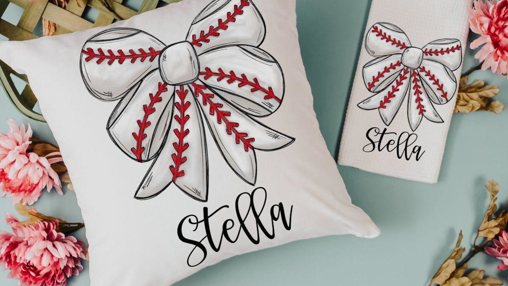 personalized baseball coquette kitchen towels with name, girly baseball bathroom decor, baseball mom gifts, baseball sister rally towel