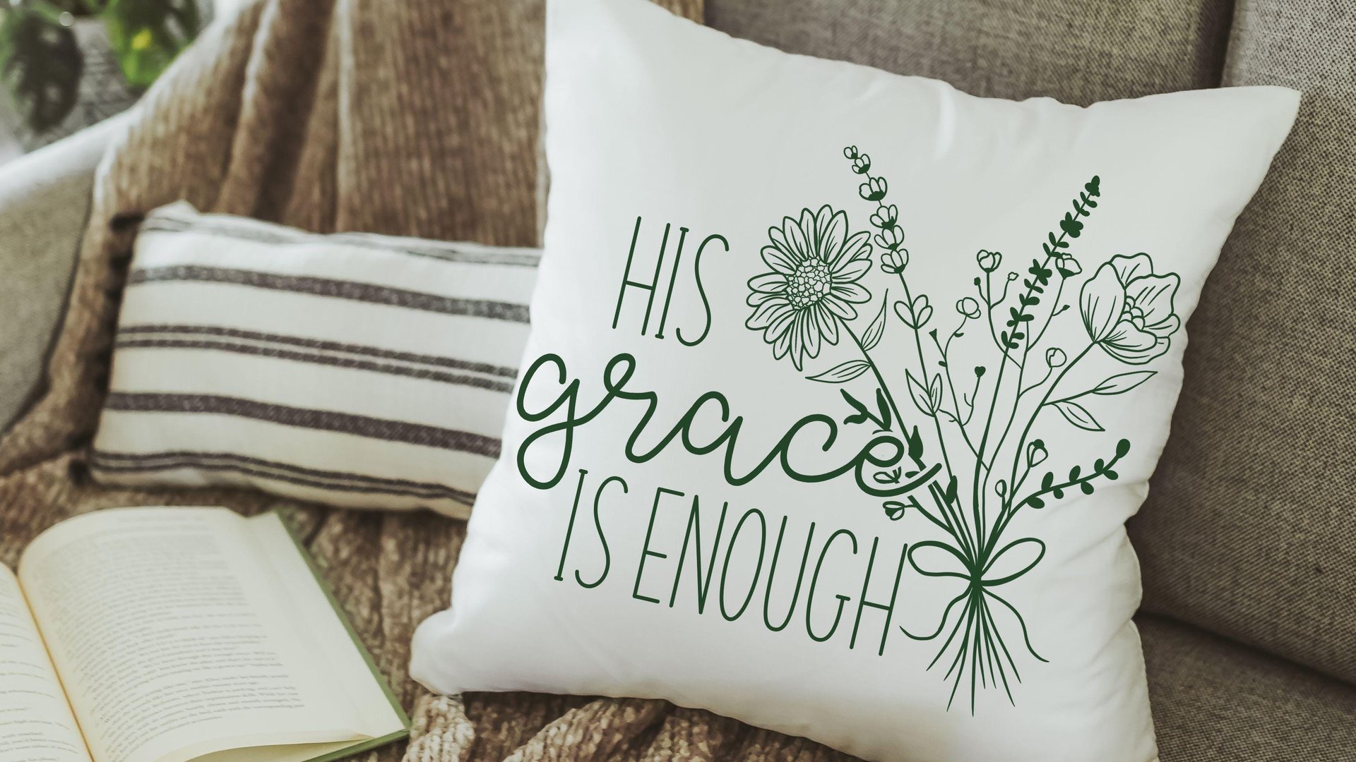 his grace is enough pillow for bedroom, Christian Mothers day gifts for godmother, moss green floral pillow covers 18 x 18, wildflower decor