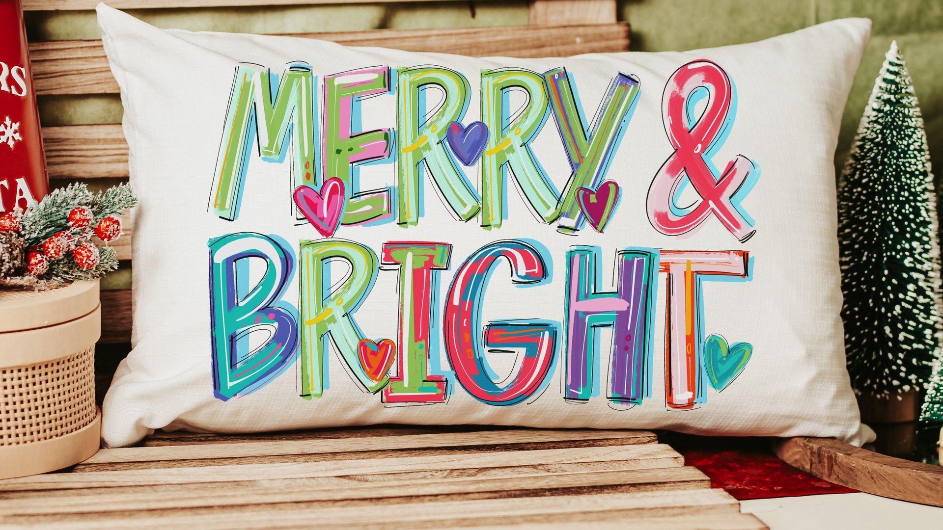 Merry and bright colorful Christmas pillow 