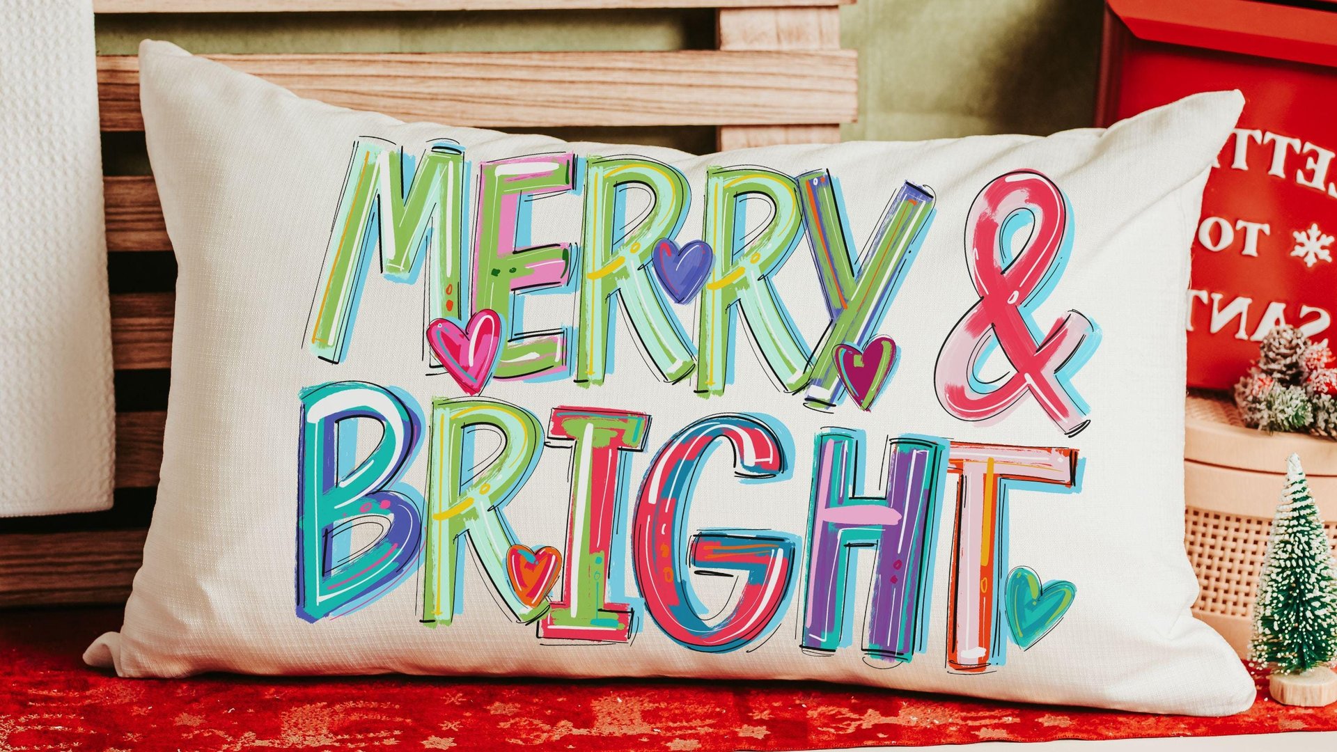 Merry and bright colorful Christmas pillow 
