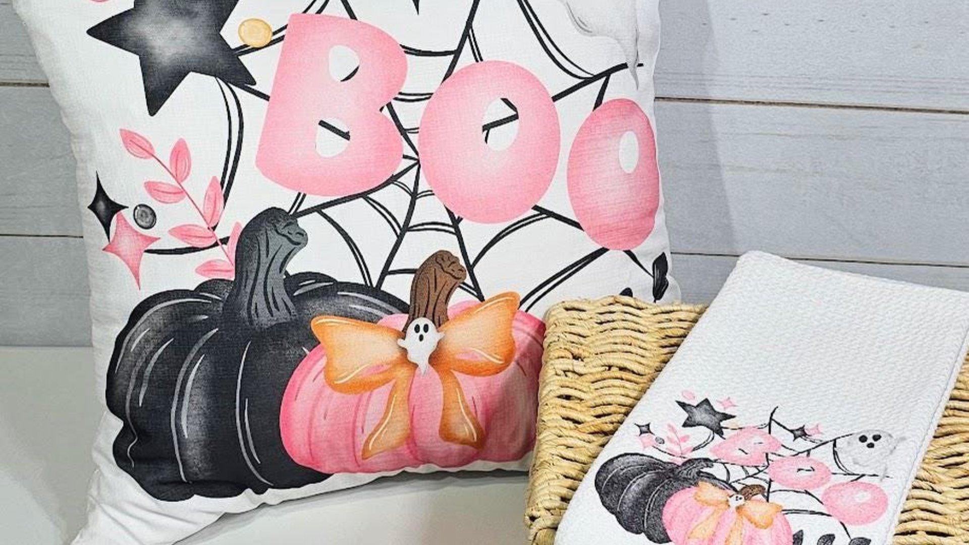 coquette Halloween throw pillow covers 18 x 18, boo basket stuffers for adults, cute Halloween gifts for women pink pumpkin pillow for couch