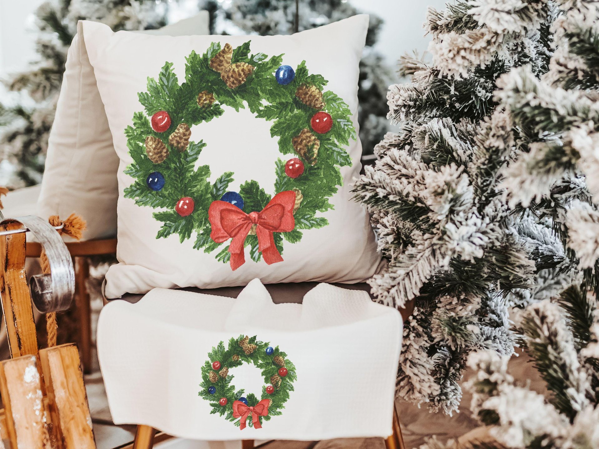 watercolor wreath Christmas ornament 2026, cozy Christmas decor for home, Christmas gifts for new homeowners, Christmas throw pillows for