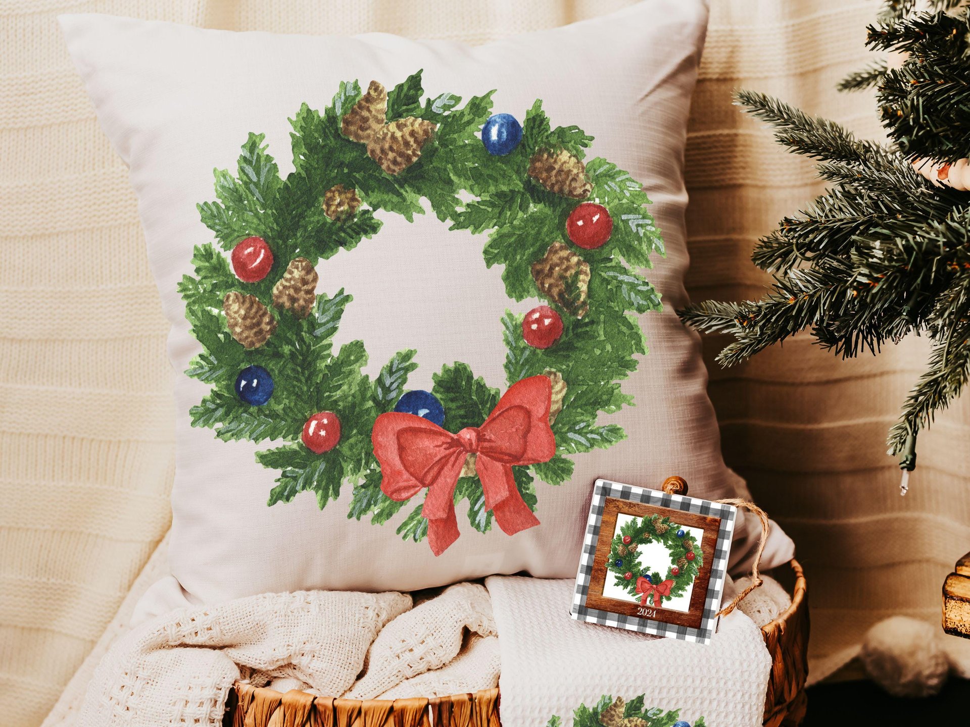 watercolor wreath Christmas ornament 2026, cozy Christmas decor for home, Christmas gifts for new homeowners, Christmas throw pillows for