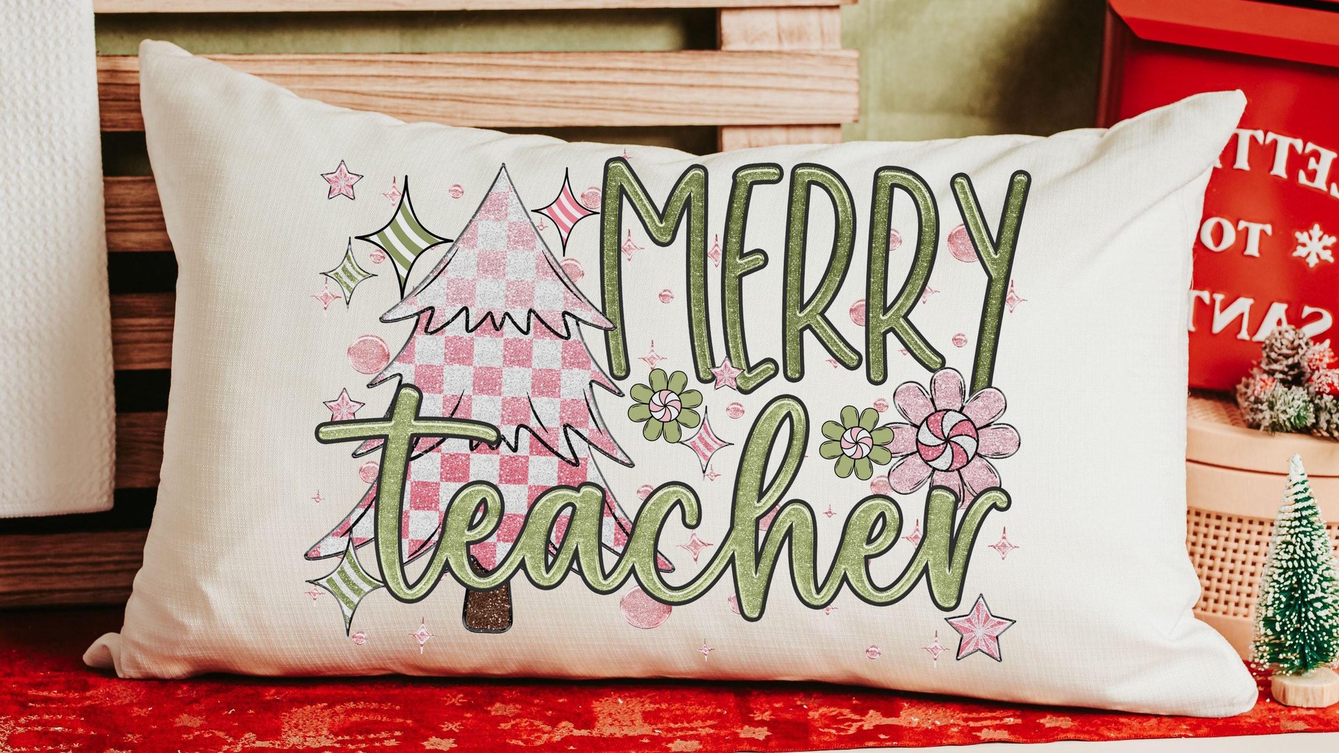 merry teacher mauve Christmas lumbar pillows for chair, moss green Christmas decor for indoors, cute Christmas gifts for teachers, stocking