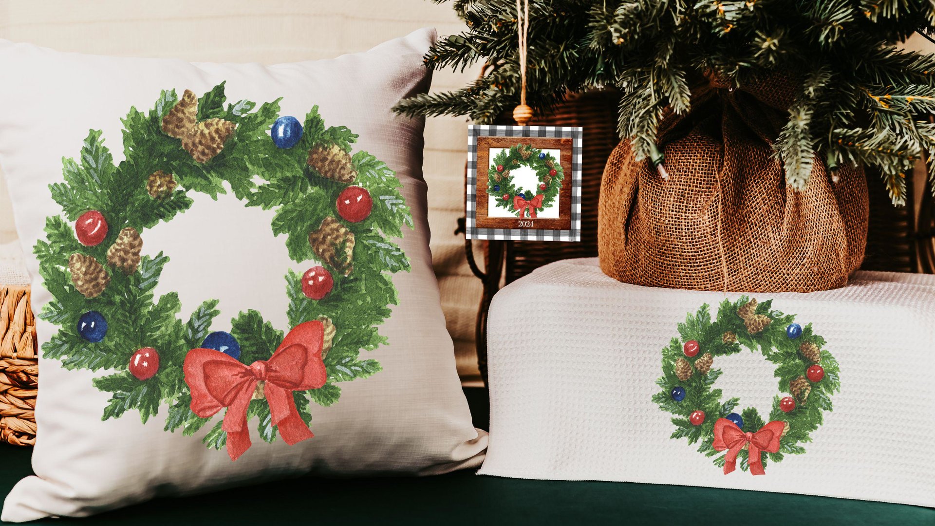 watercolor wreath Christmas throw pillows for couch trendy Christmas pillow covers 18 x 18, cozy Christmas decor for home, Christmas gifts