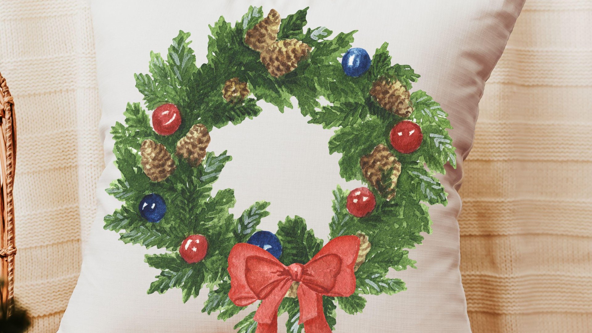 watercolor wreath Christmas throw pillows for couch trendy Christmas pillow covers 18 x 18, cozy Christmas decor for home, Christmas gifts