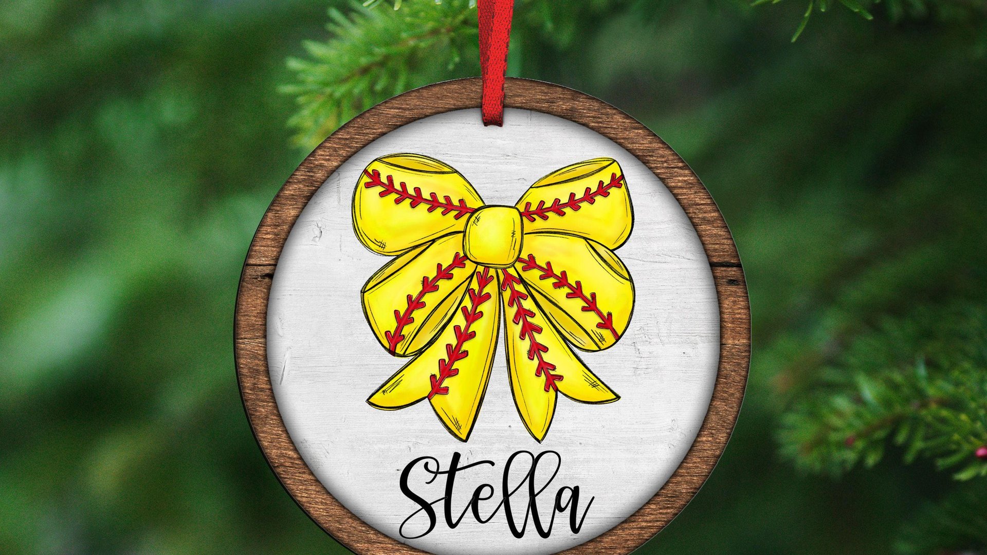 personalized softball coquette bow softball ornament wood, cute softball senior night gift, softball bow car charms for women, softball mom