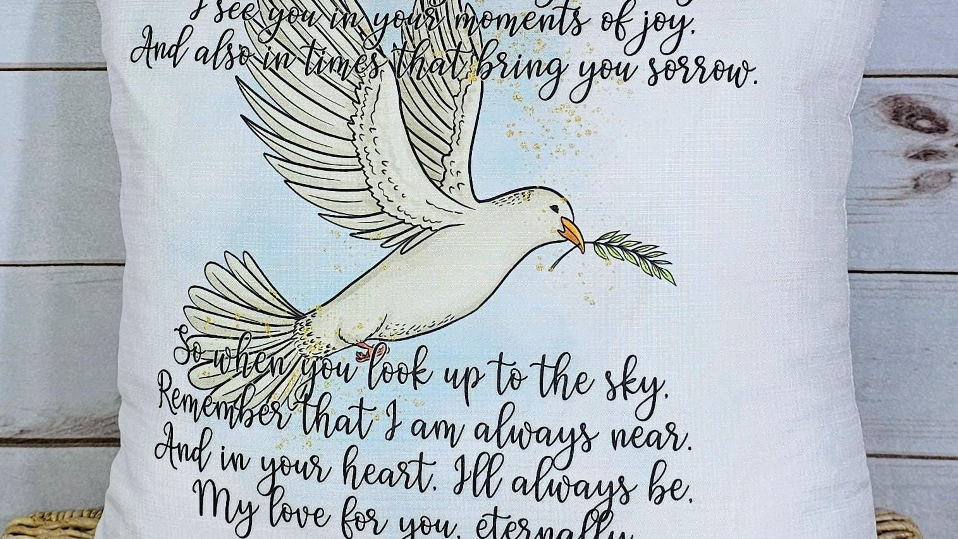 personalized dove of peace hug from Heaven pillow for couch, bereavement gift loss of mother sympathy gift for daughter, remembering a loved