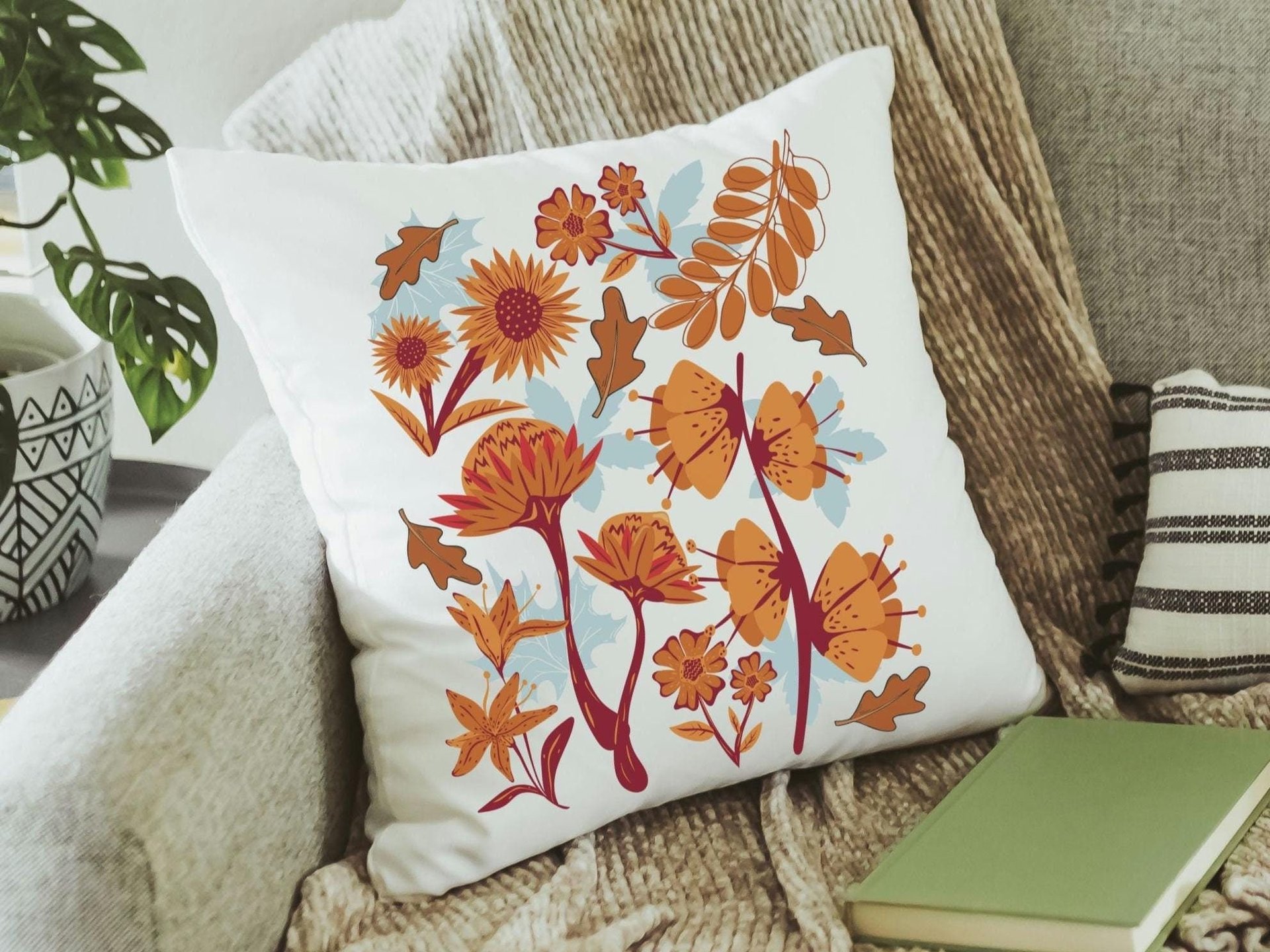 autumn leaves throw pillows for couch, fall style gift, vermillion red fall floral pillow covers 18x18, fall host gift, burnt orange accent