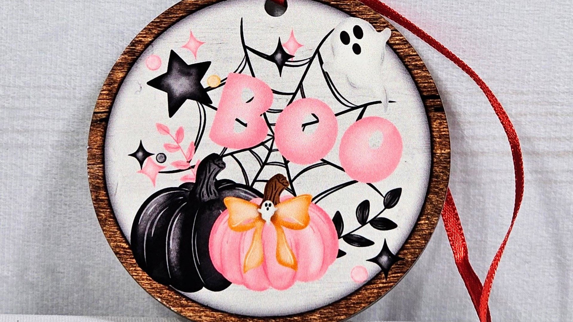 girly goth coquette Halloween tree ornament handmade, boo basket tag ghost ornament wood, cute Halloween gifts for adults, pink pumpkin door