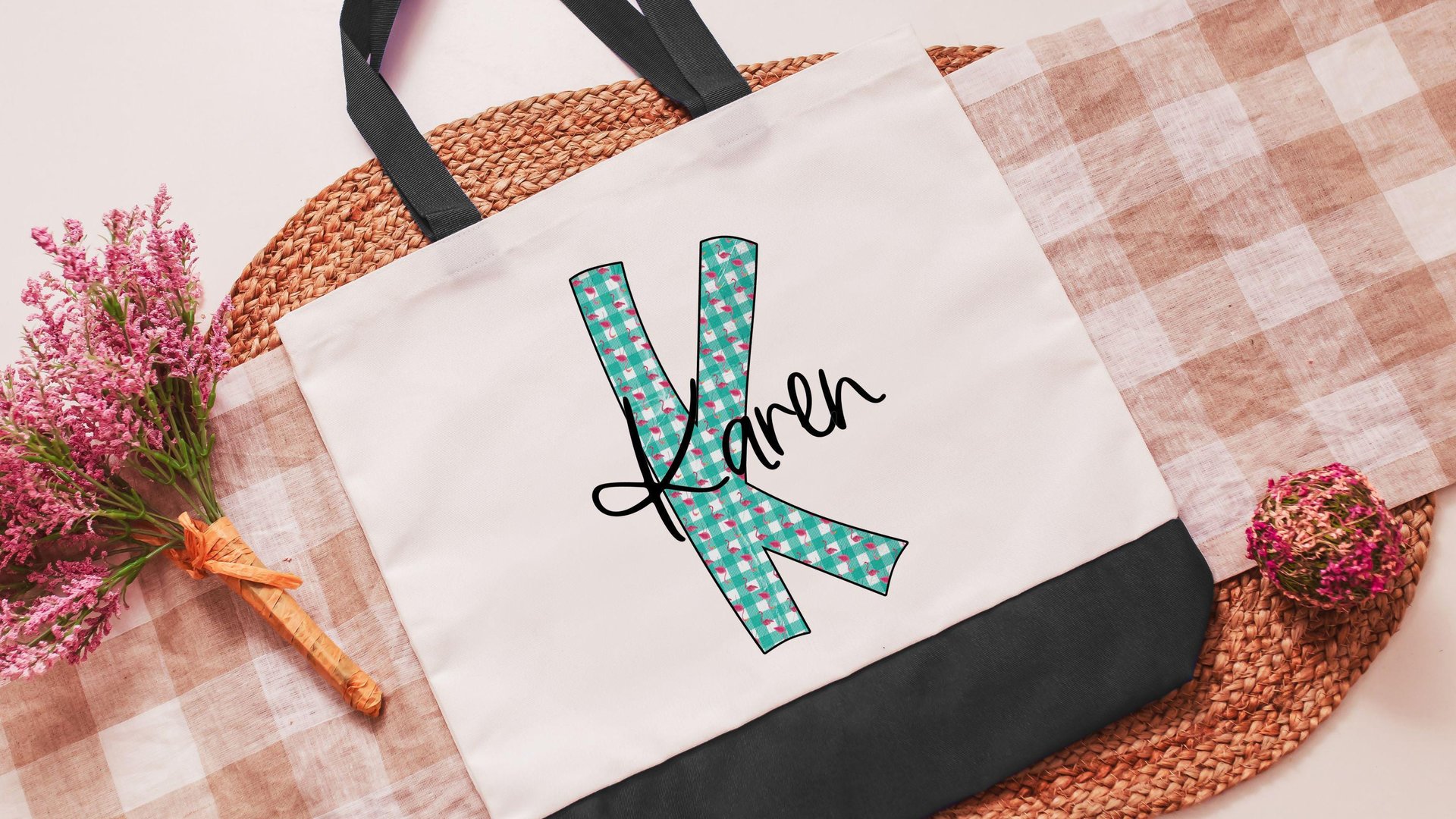personalized initial tote bag with name, custom beach bag for teens, cute flamingo gifts for her, destination wedding bridesmaid gifts, best