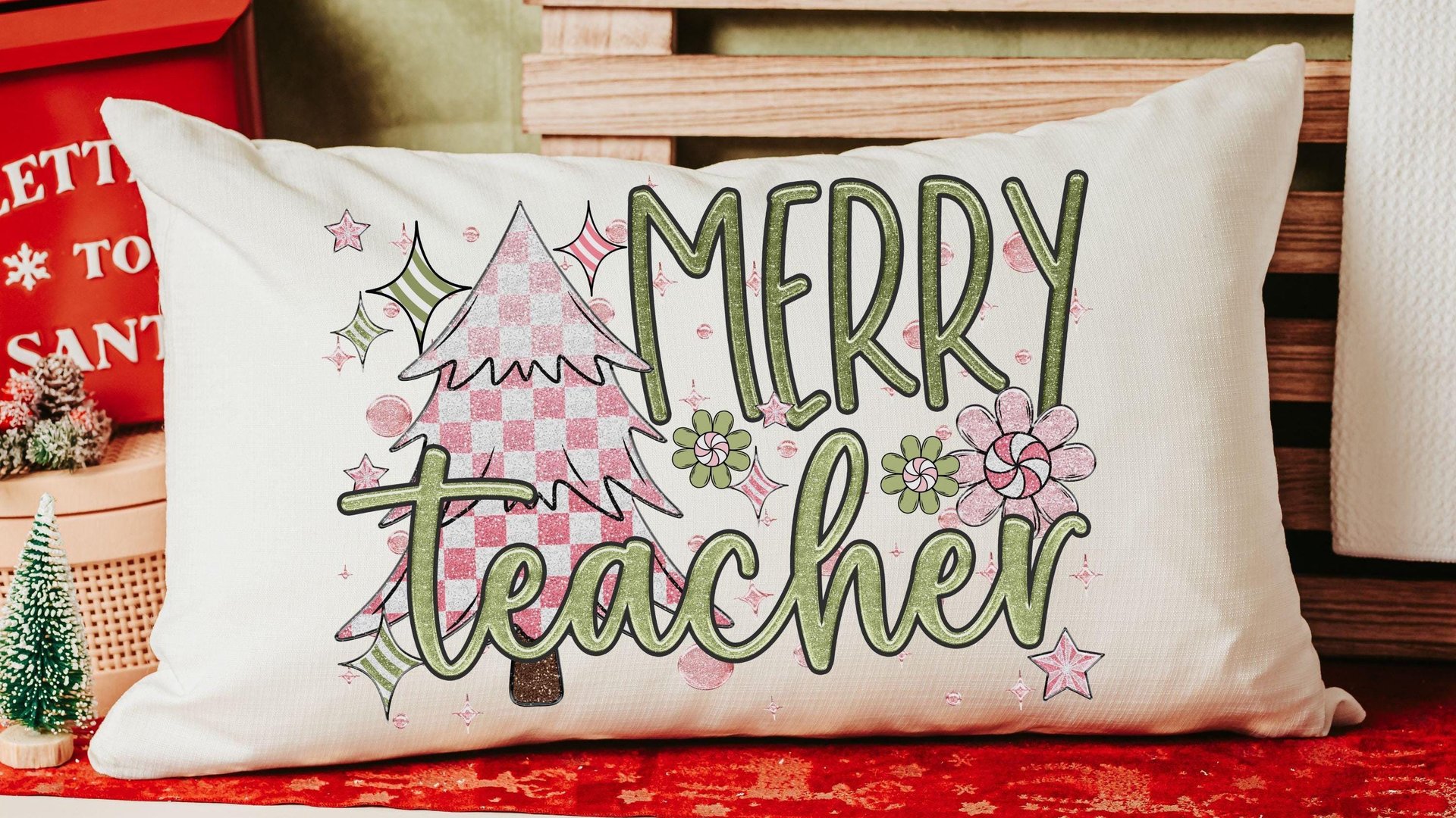 merry teacher mauve Christmas lumbar pillows for chair, moss green Christmas decor for indoors, cute Christmas gifts for teachers, stocking