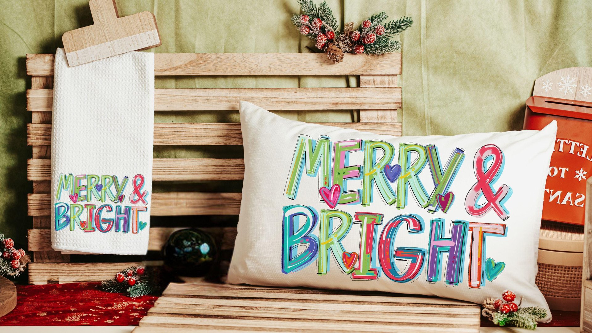 Merry and bright colorful Christmas pillow 