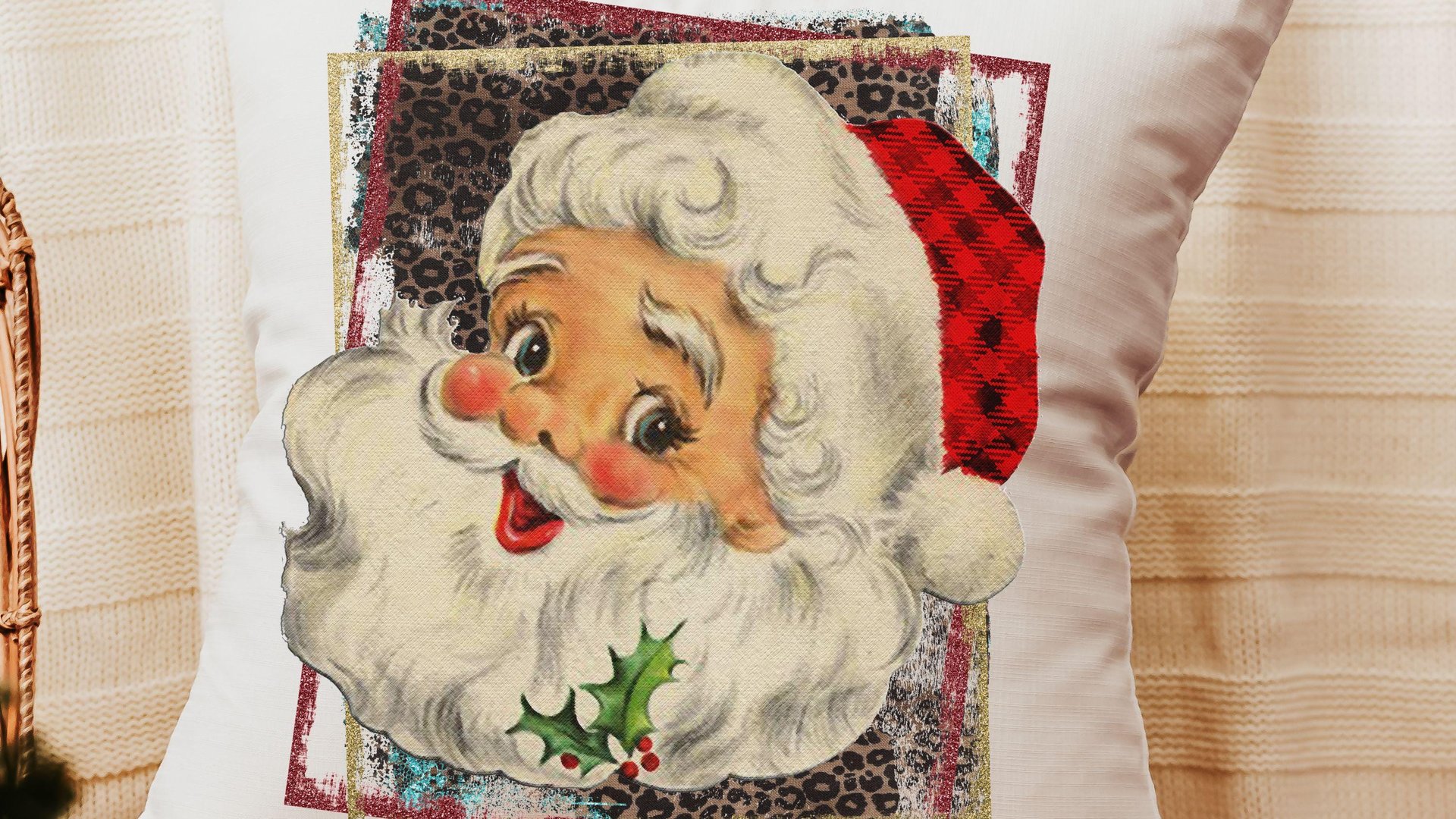 vintage Santa pillow covers 18x18, leopard print Christmas hand towels for bathroom, trendy Christmas housewarming gift for women, secret