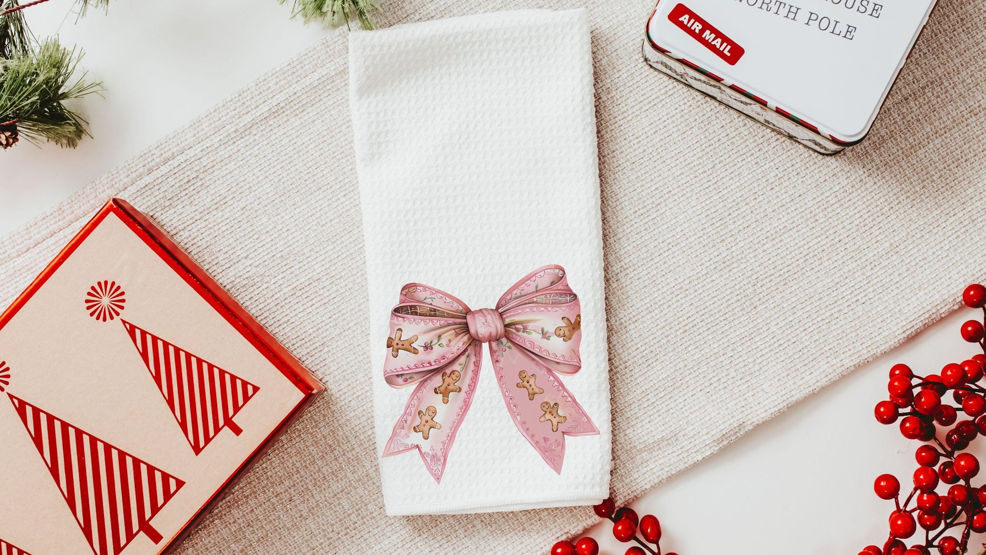 pink gingerbread throw pillow for couch, coquette Christmas kitchen towels for friends, grand millennial Christmas decor for home, cute