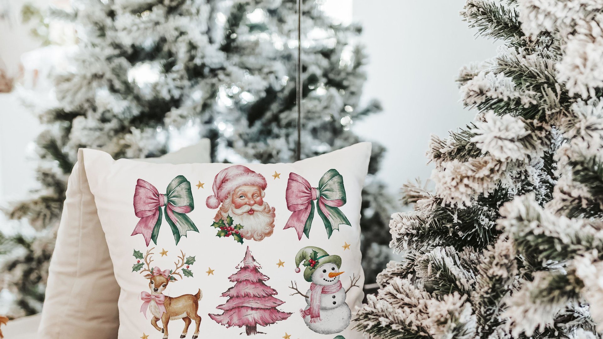 coquette Christmas throw pillows for couch, preppy Christmas kitchen towels for new home, pink reindeer decor, secret Santa gifts for women