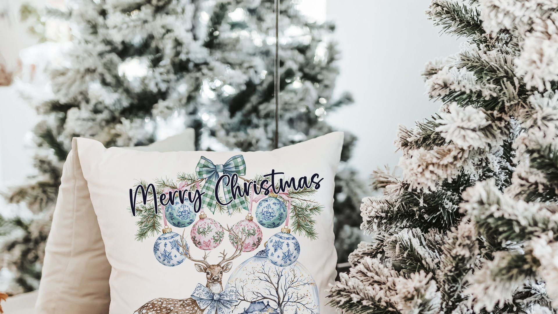 deer Christmas throw pillow for couch, chinoiserie Christmas decor for indoors, woodland Christmas kitchen towels, Christmas hostess gifts