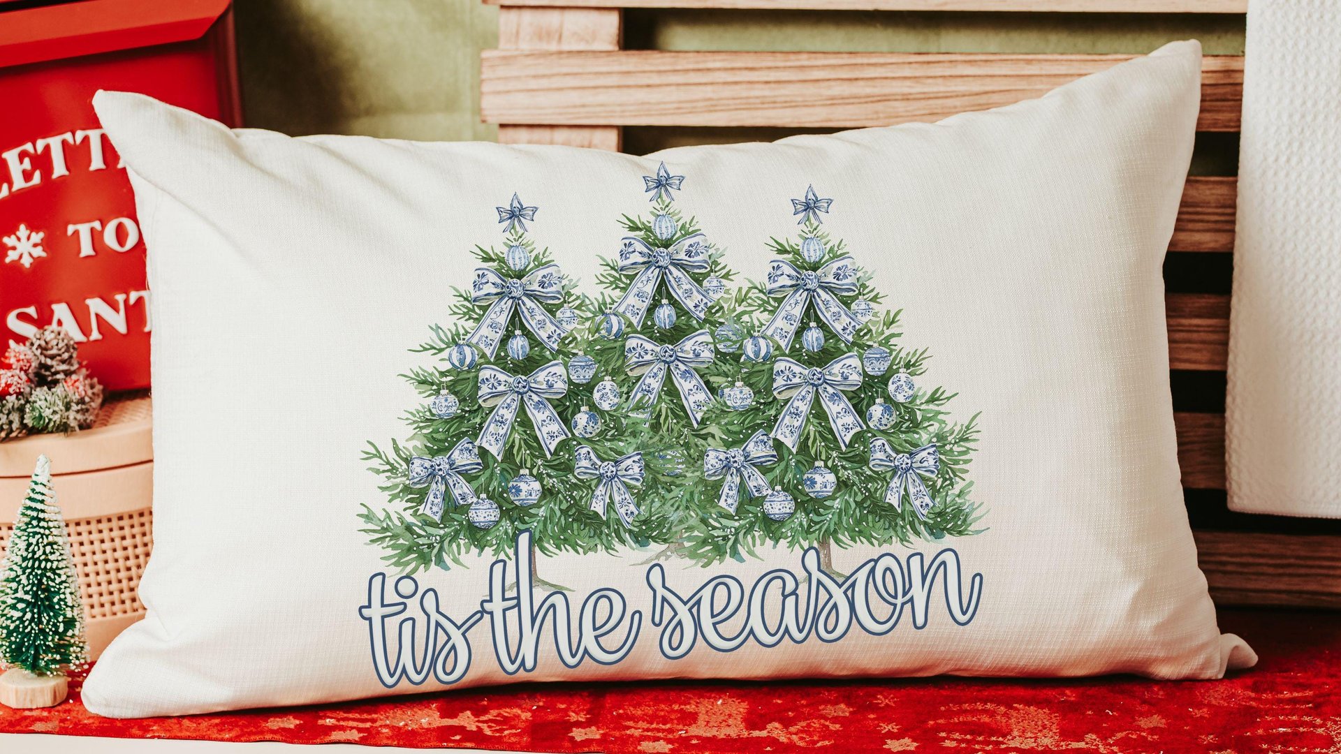 tis the season Christmas lumbar pillows for chair, blue chinoiserie Christmas pillow covers 12x20, trendy Christmas hostess gifts for women