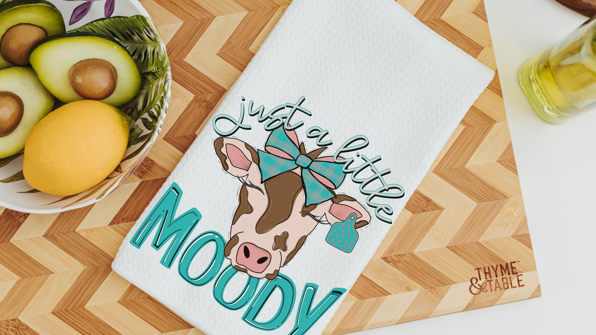 just a little moody cute cow kitchen towels with name, funny cow gifts for cow lovers, personalized turquoise bow hand towels for bathroom