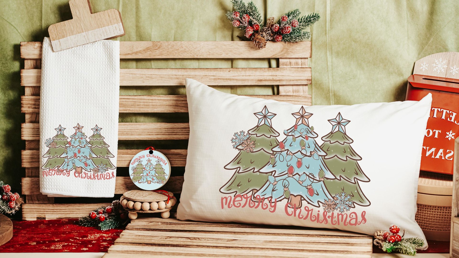 boho Christmas lumbar pillows for couch, moss green Christmas ornaments for 2026, Merry Christmas kitchen towels for new home, terracotta