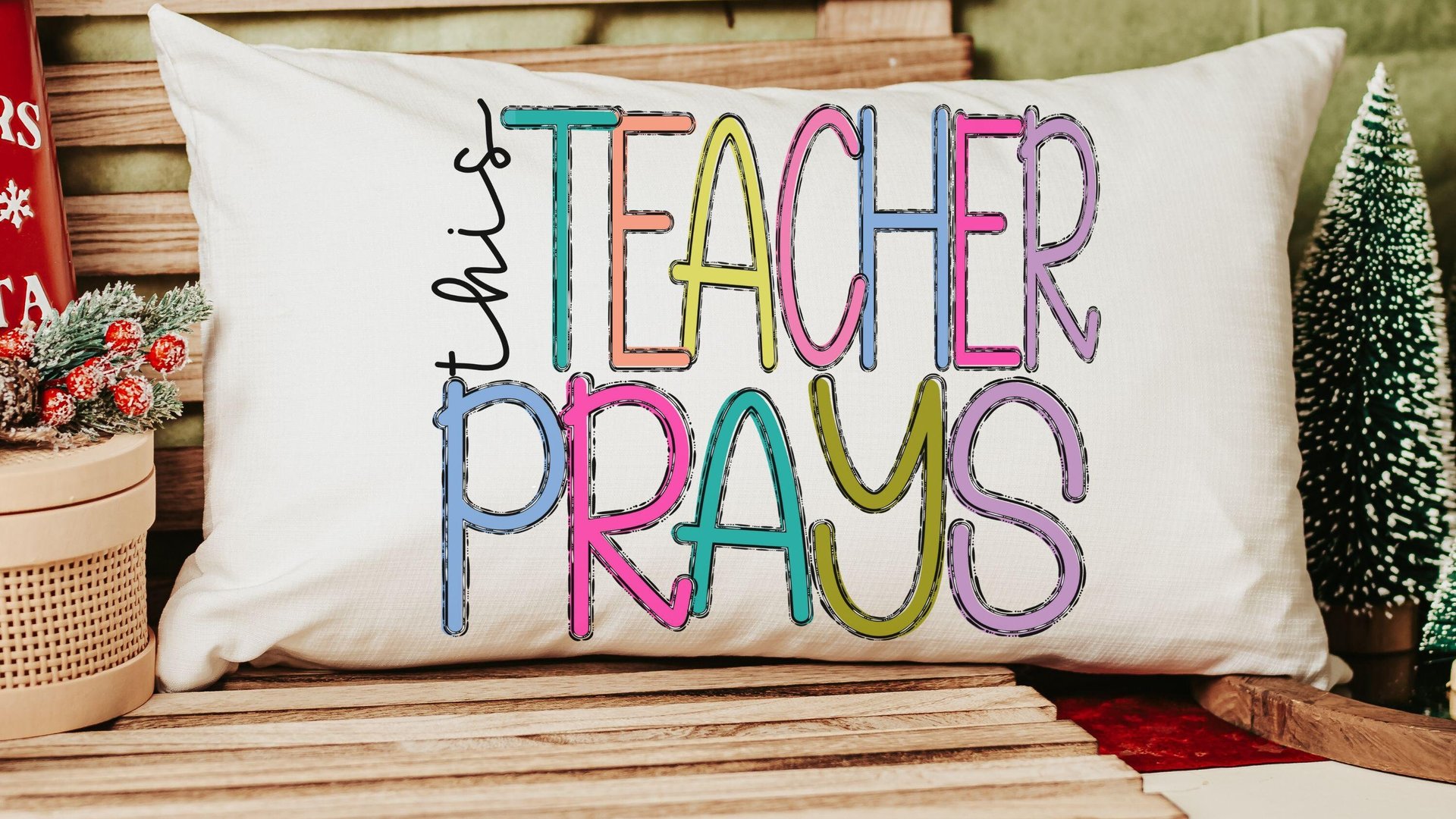 this teacher prays lumbar pillow for chair, Sunday school teacher gifts for women, Christian school teacher classroom decor, prayer pillow