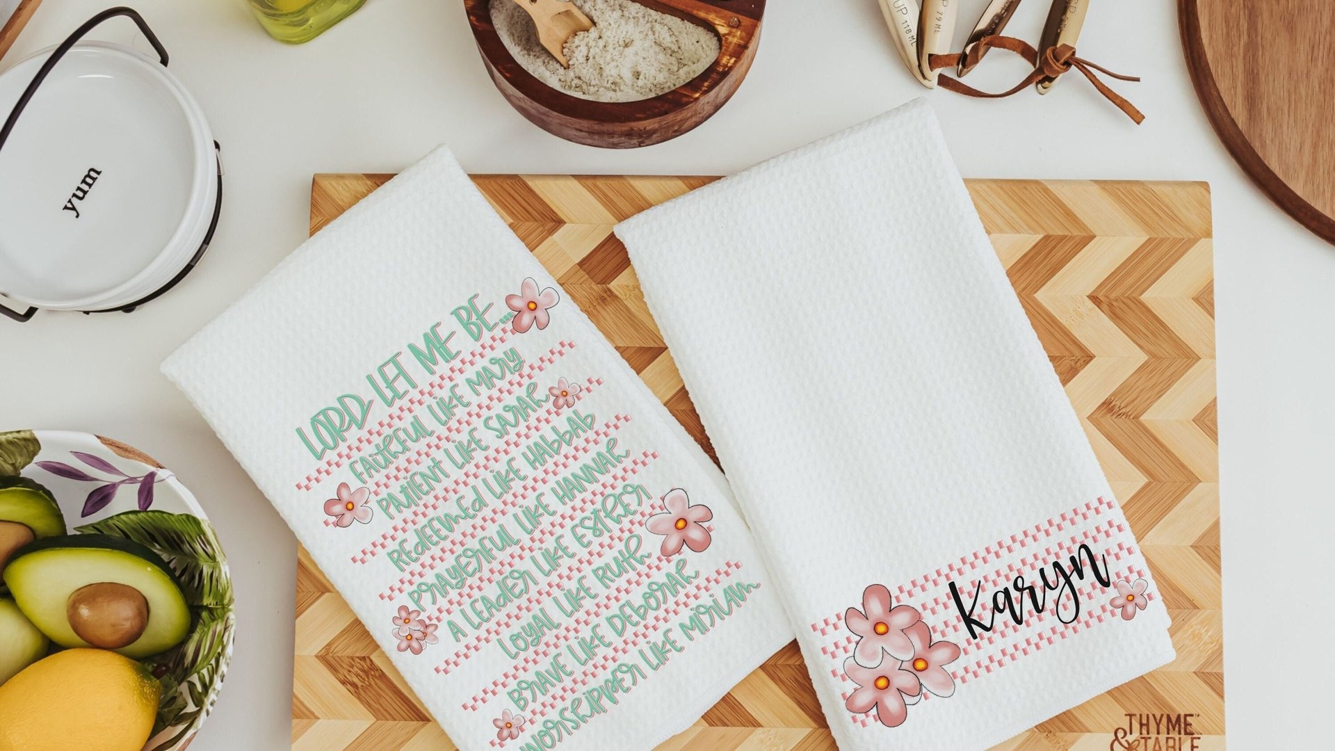 personalized women of the Bible floral kitchen towels for friends, Christian Christmas gifts for godmother, religious kitchen decor, faith