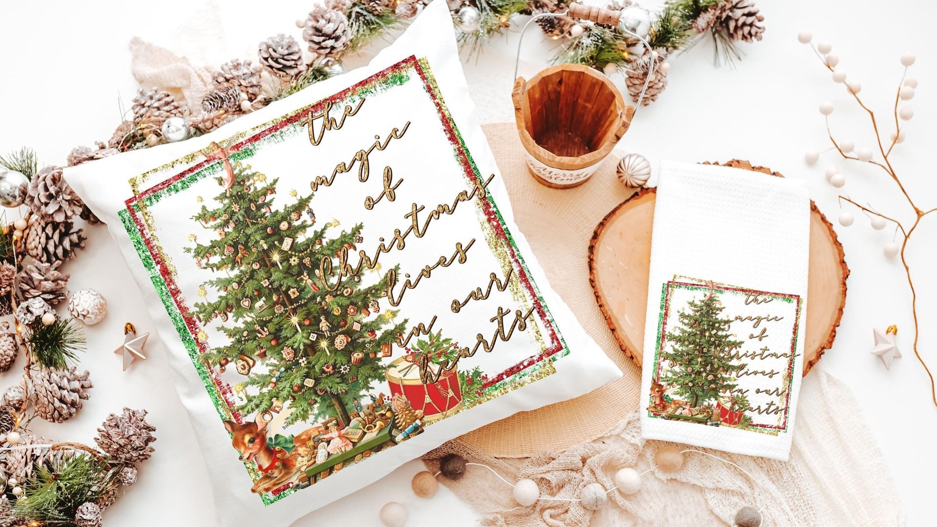 the magic of Christmas throw pillow for couch, unique Christmas hostess gift for women, festive Christmas kitchen towels for friends, secret