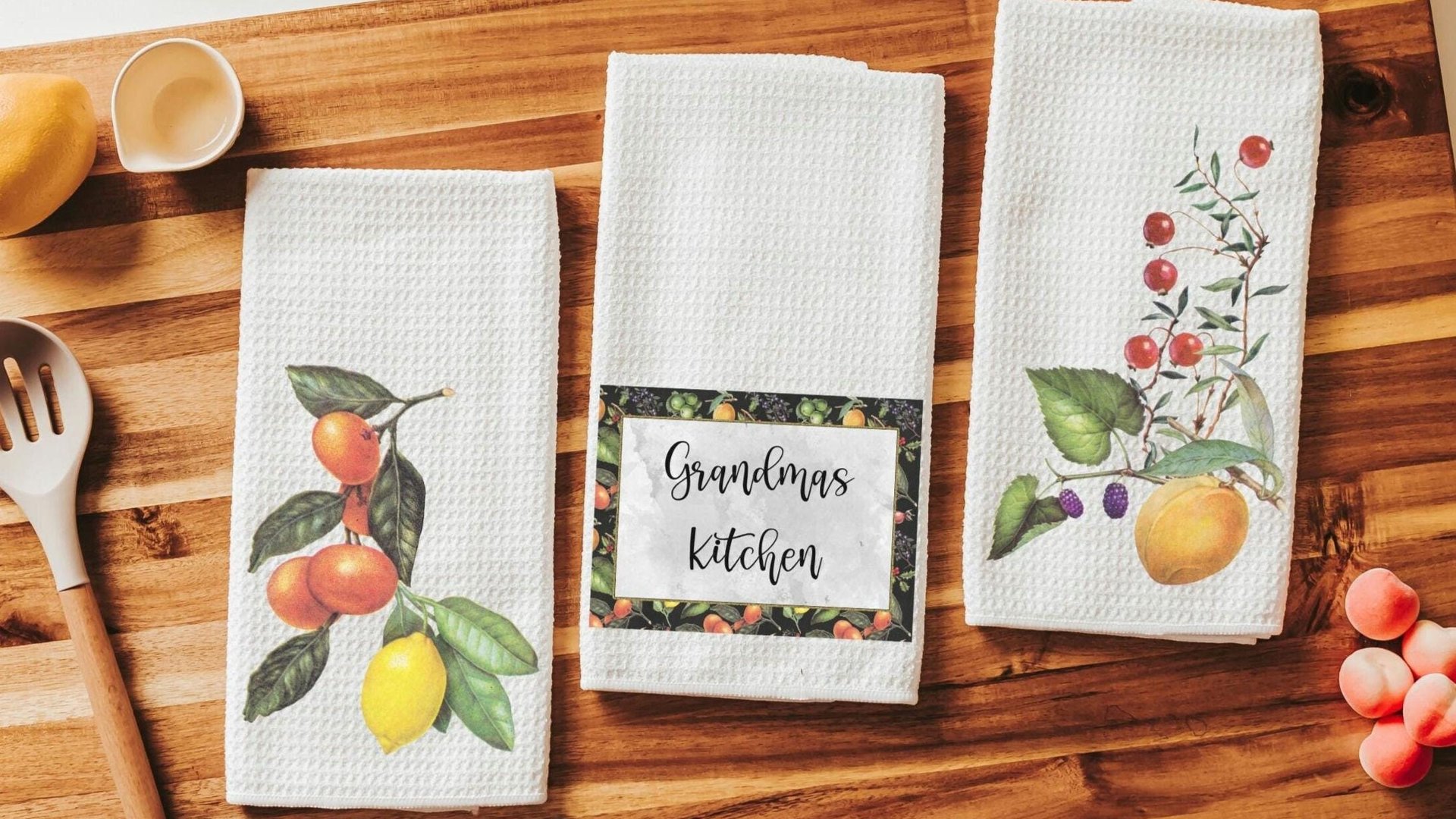 personalized grandmas kitchen lemon kitchen towels for Mom, cute kitchen hand towels for stove, best gifts for new homeowners, fruit kitchen
