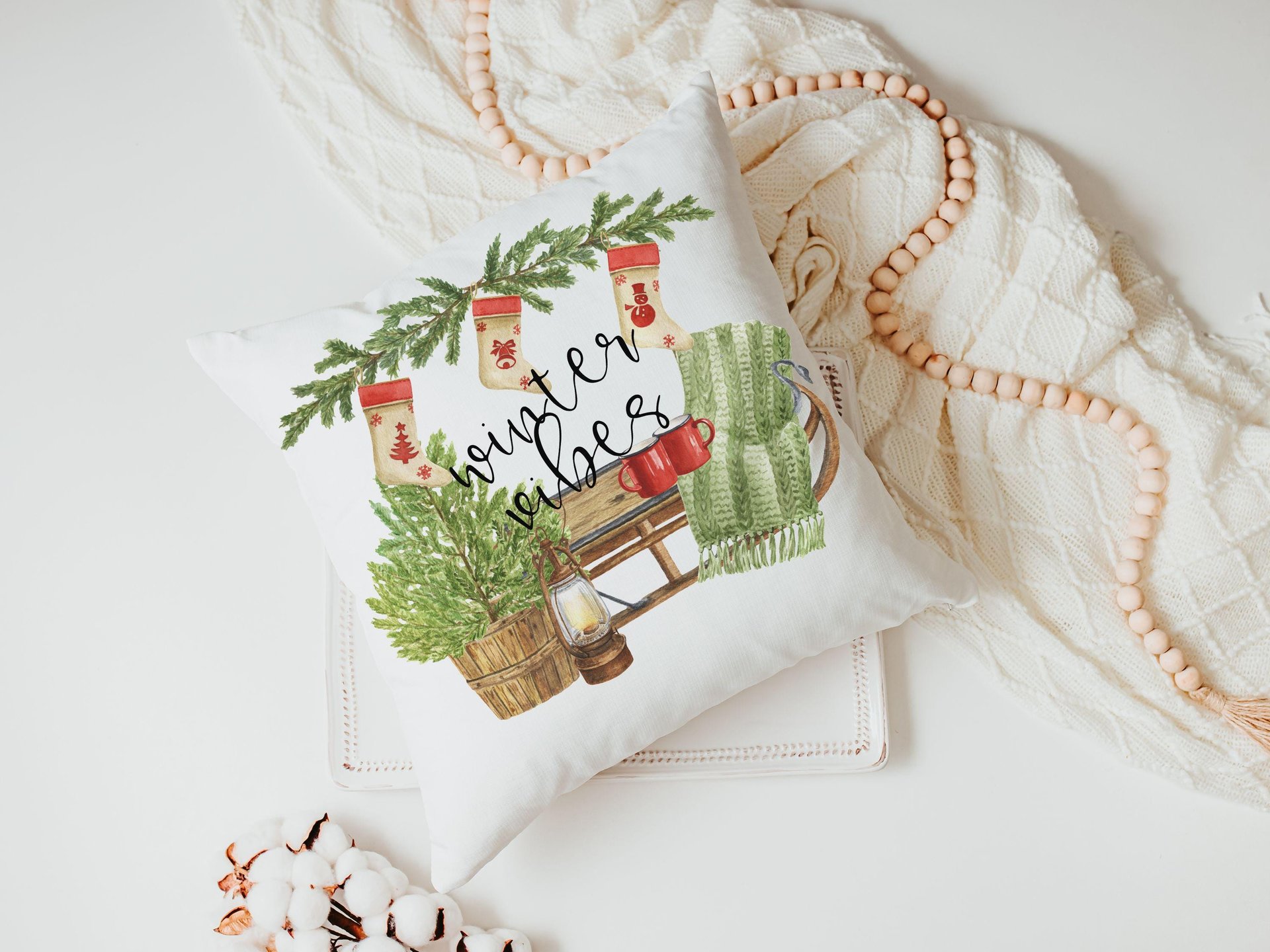 winter vibes cozy throw pillow for couch, olive green Christmas decor for home, secret Santa gifts for coworkers, cute Christmas gifts for