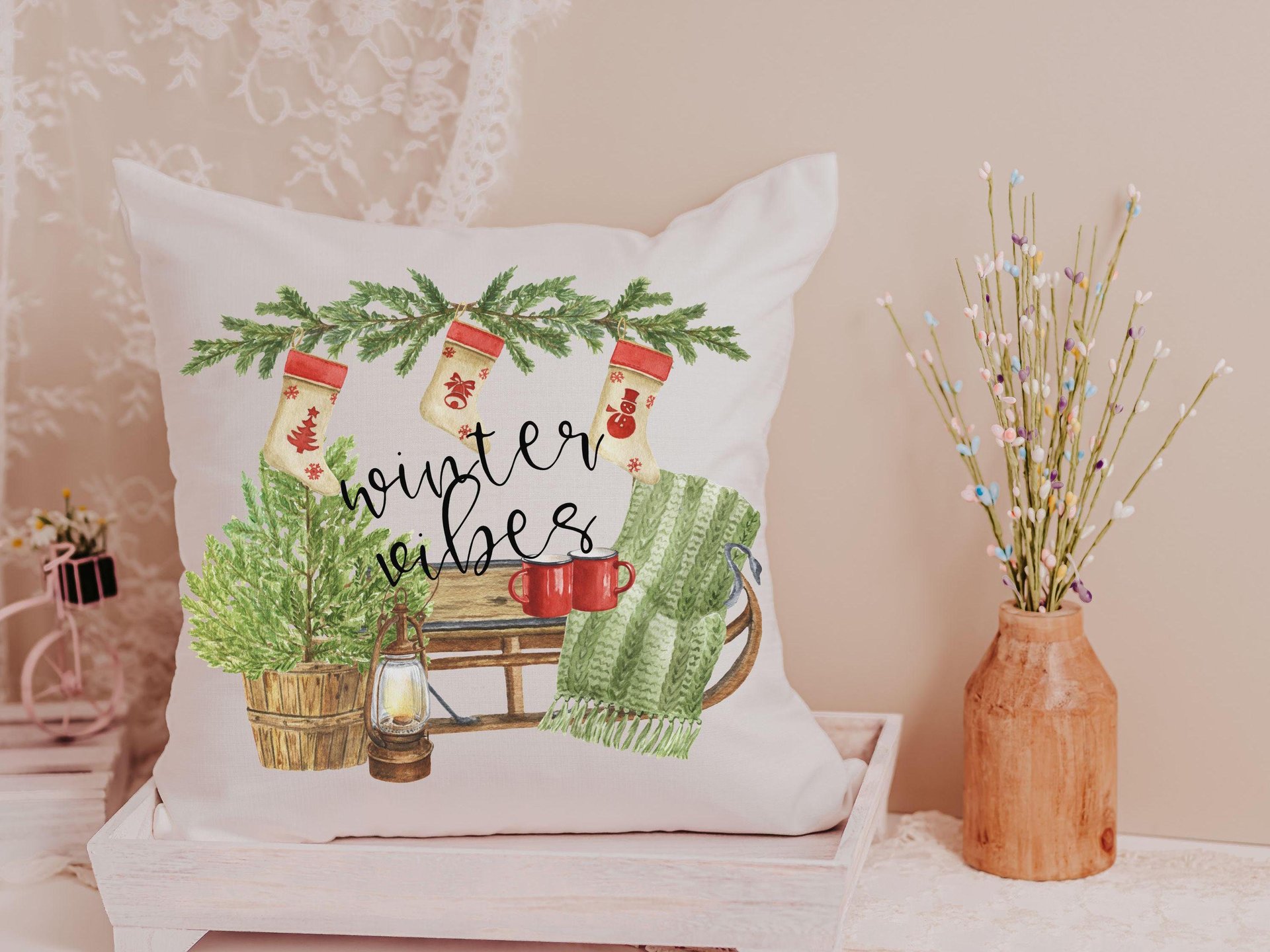 winter vibes cozy throw pillow for couch, olive green Christmas decor for home, secret Santa gifts for coworkers, cute Christmas gifts for