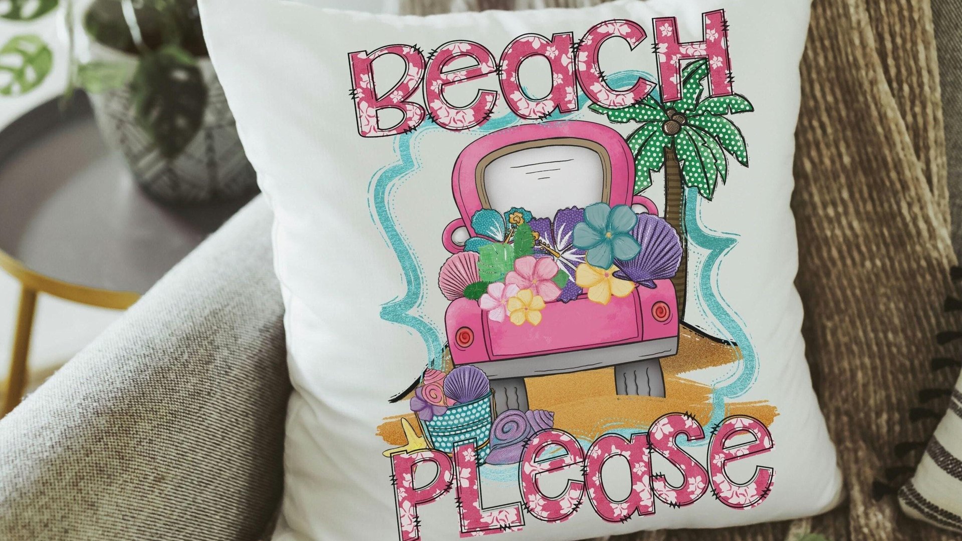 beach please summer truck throw pillows for sofa, sunroom decor, tropical throw pillow cover 18x18, bungalow decor, beach lover gift, funny